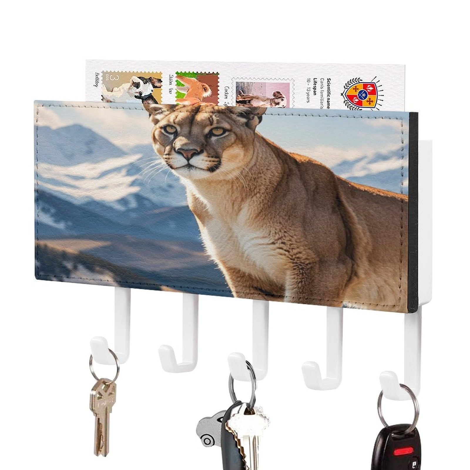 Fekiloot White-Style Panther & Mountain Lion Key Holder Wall Mount Key Hanger With 5 Hooks Decorative Key Rack Hanging Key Hooks With Mail Organizer Key Holder For Wall Living Room Kitchen Bathroom Hallway White