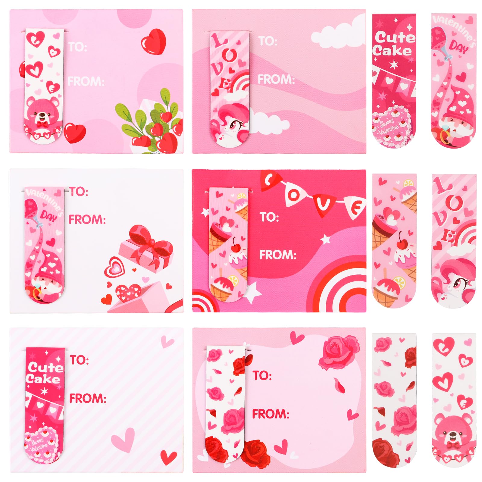 CCINEE24 Pcs Valentine's Day Magnetic Bookmarks Bulk,Cute Cake Heart Rose Magnetic Book Markers Page Holder Clips for Valentines Day Party Favor Reading Gifts Classroom Prizes