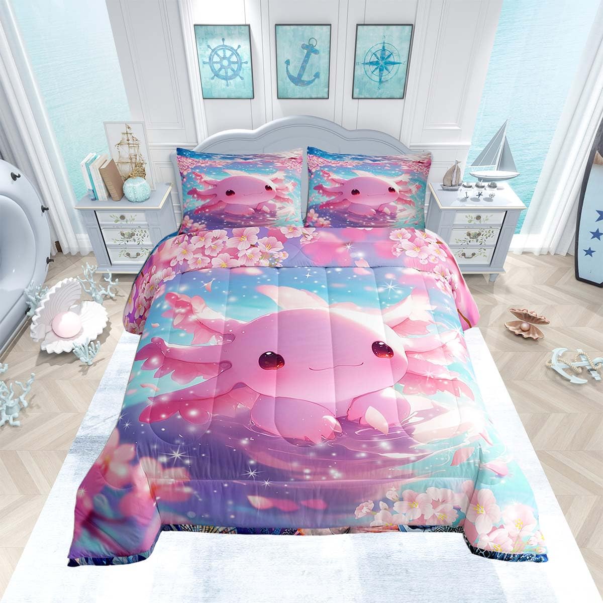 Feelyou Cartoon Axolotl Kids Comforter Set Full Size,Cute Pink Salamander Bedding Set,Girls Boys Women Room Decor,Ocean Animals Down Comforter,Pink