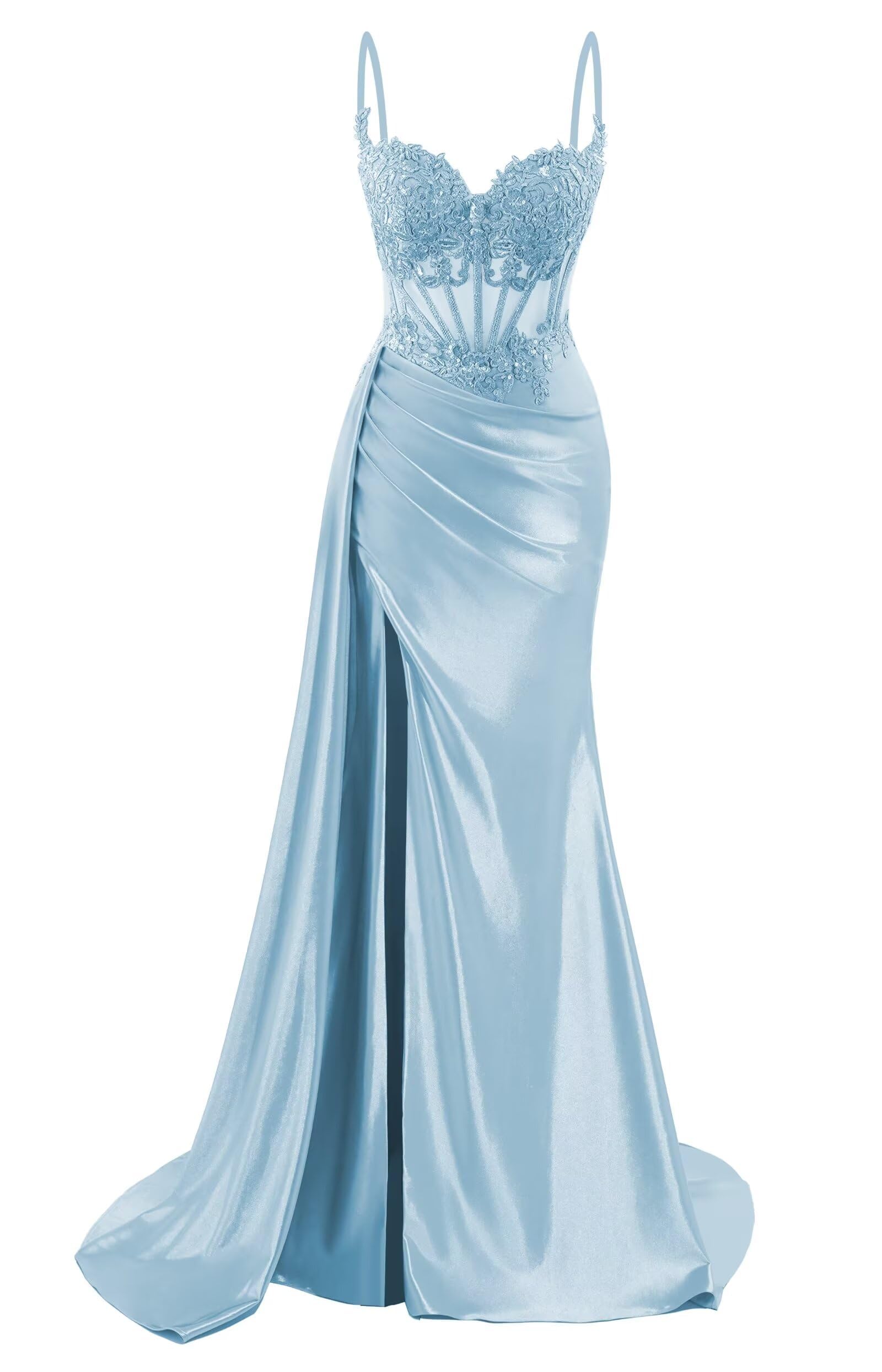 Hppee Women's Light Blue Prom Dresses For Teens 2025 V Neck Spaghetti Strap Mermaid Formal Dress Long Ball Gown With Slit Train Uk12