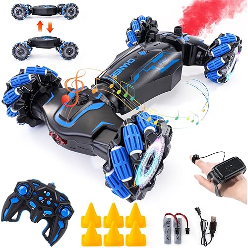 4WD Remote Control Gesture Sensor Car, Double-Sided Rotating 360° Flips Drift Car, 2.4Ghz Hand Control Car with Lights Music, RC Stunt Twist Car Birthday Gifts for 6-12 Kids (Blue