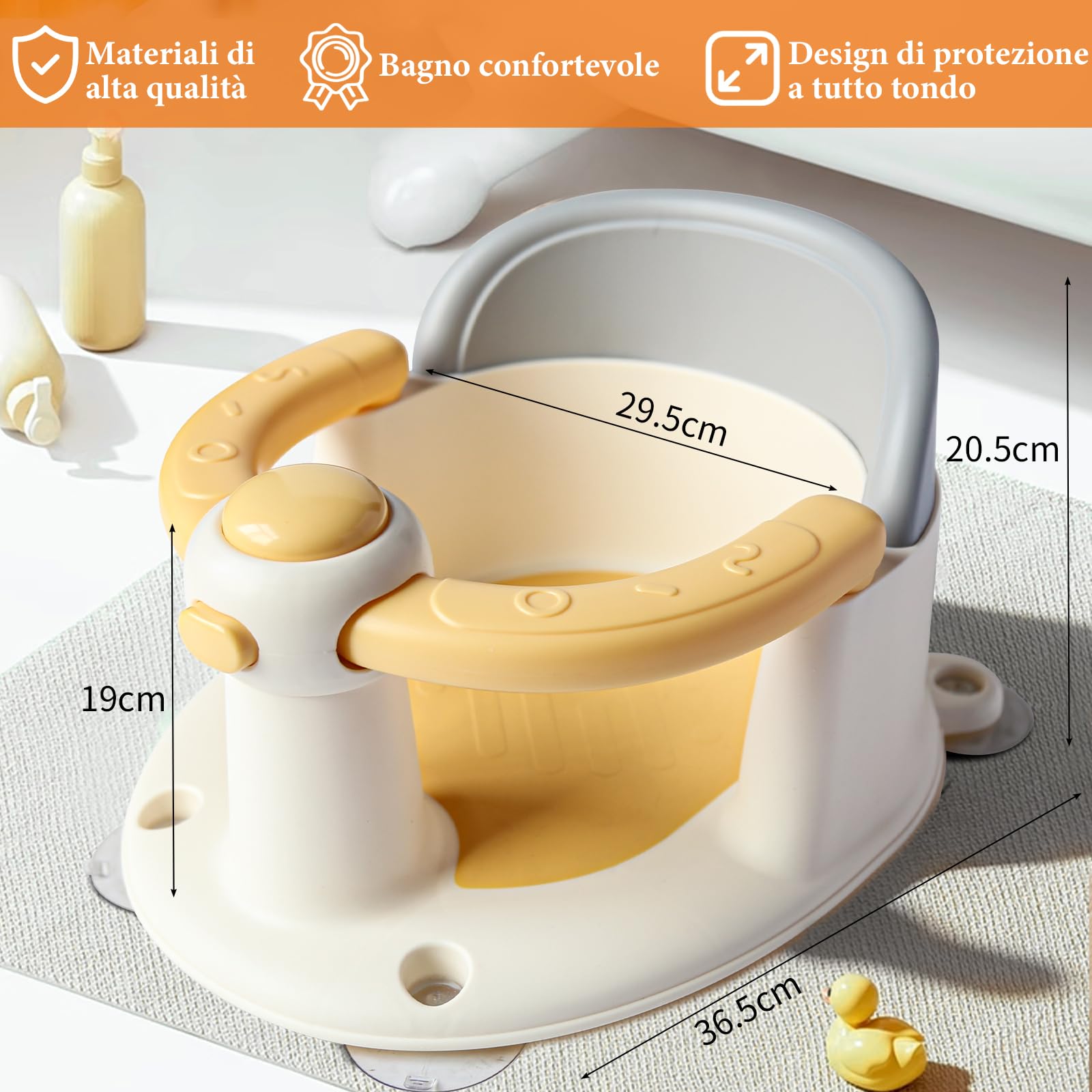Seggiolino per vasca da bagno per bambini dai 6 mesi in su, antiscivolo, con 4 ventose forti, ergonomico, per doccia o vasca da bagno (giallo)