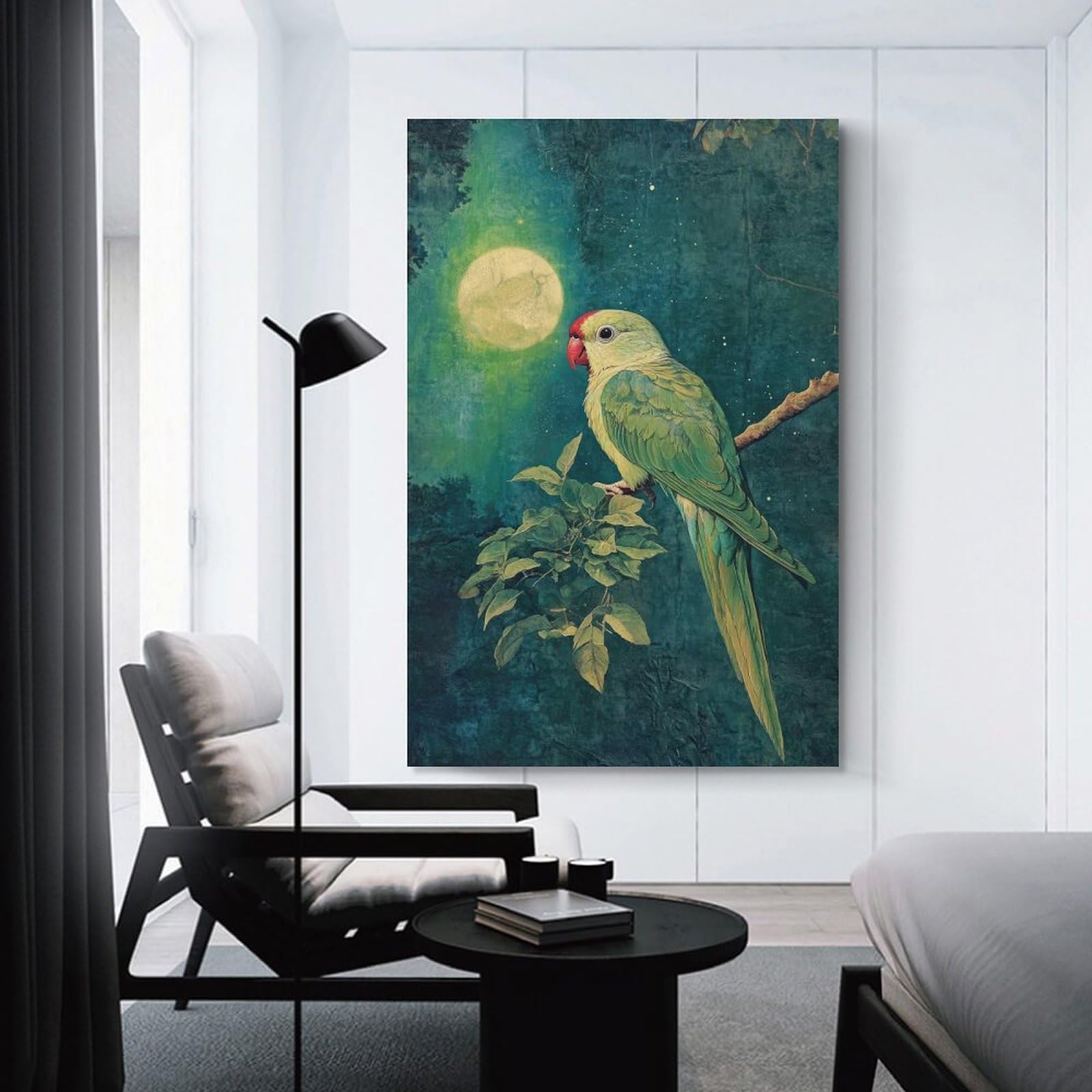 Junmoney Unframe-Style-1 Decorative Wall Artwork Parrot Under Moonlight, 24X36inch(60X90cm), For Contemporary Homes, Apartments Or Offices, An Easy Choice For New Home Styling