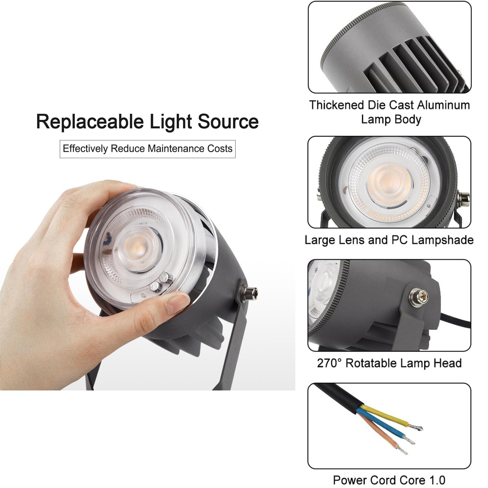 Reflektor zewnętrzny - oświetlenie dekoracyjne LED, reflektor 220 V, IP67, wodoodporna willa ogrodowa, krajobraz, drzewo, reflektory obrotowe (białe światło, 15 W)