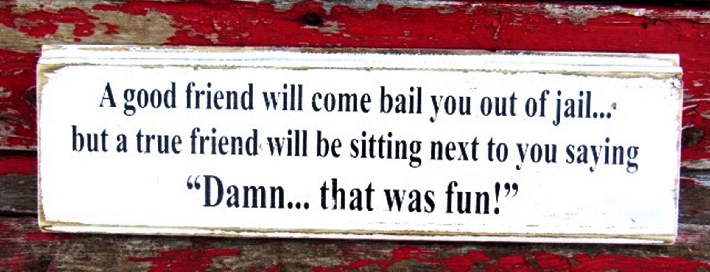 A good friend will come bail you out of jail. wood sign ~ FREE SHIPPING, VETERAN OWNED, HANDMADE IN USA ~ Farmhouse Décor Fixer Upper Joanna Gaines Shiplap 6x18" Farm Kitchen Décor 27w