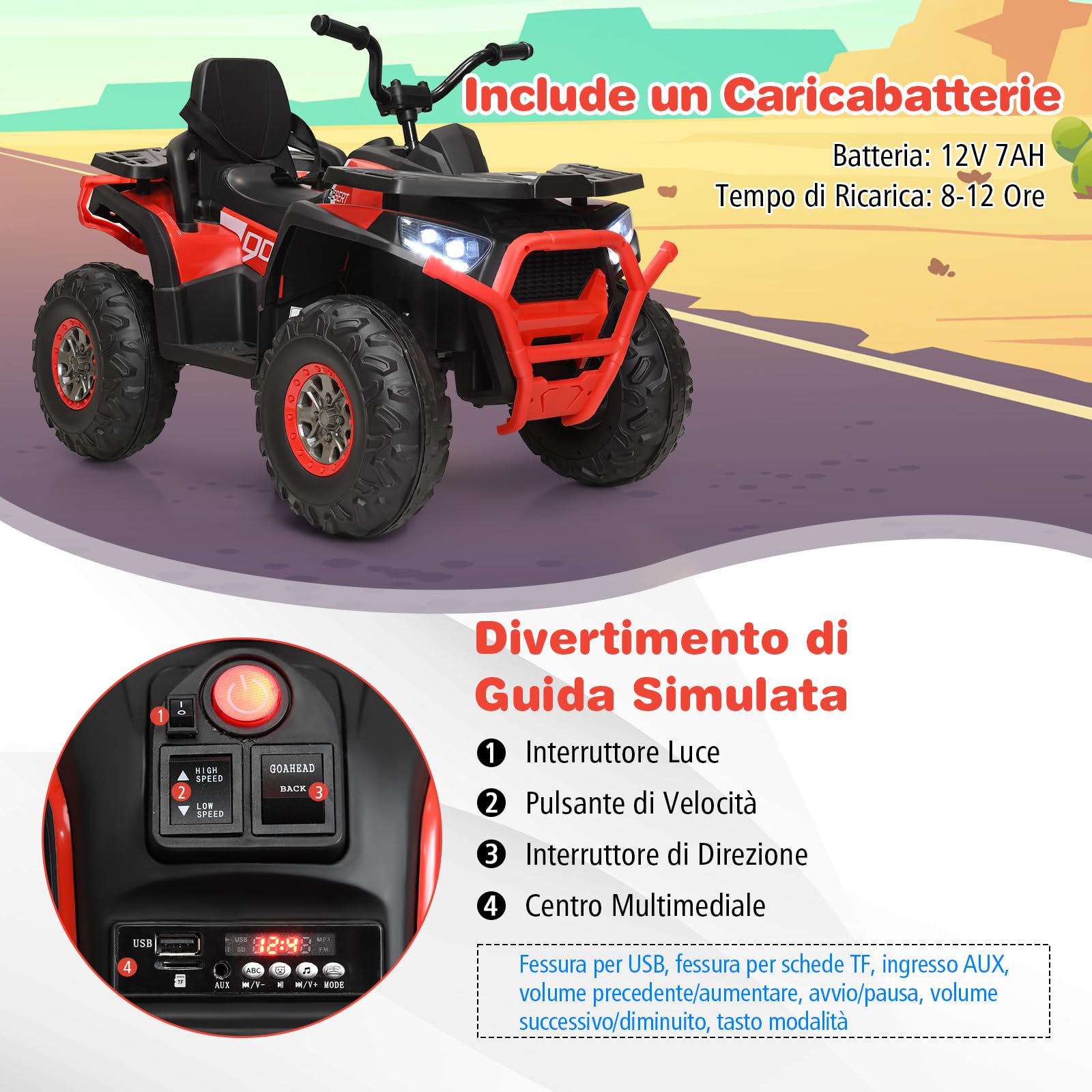 GYMAX Auto Elettrica per Bambini 3+ Anni, Quad Elettrico 12 V per Bambini con Funzioni USB/MP3/TF, Fari a LED, Clacson, 2 Velocità, Carica di Peso 50 kg, 113 x 69 x 76 cm (Rosso)