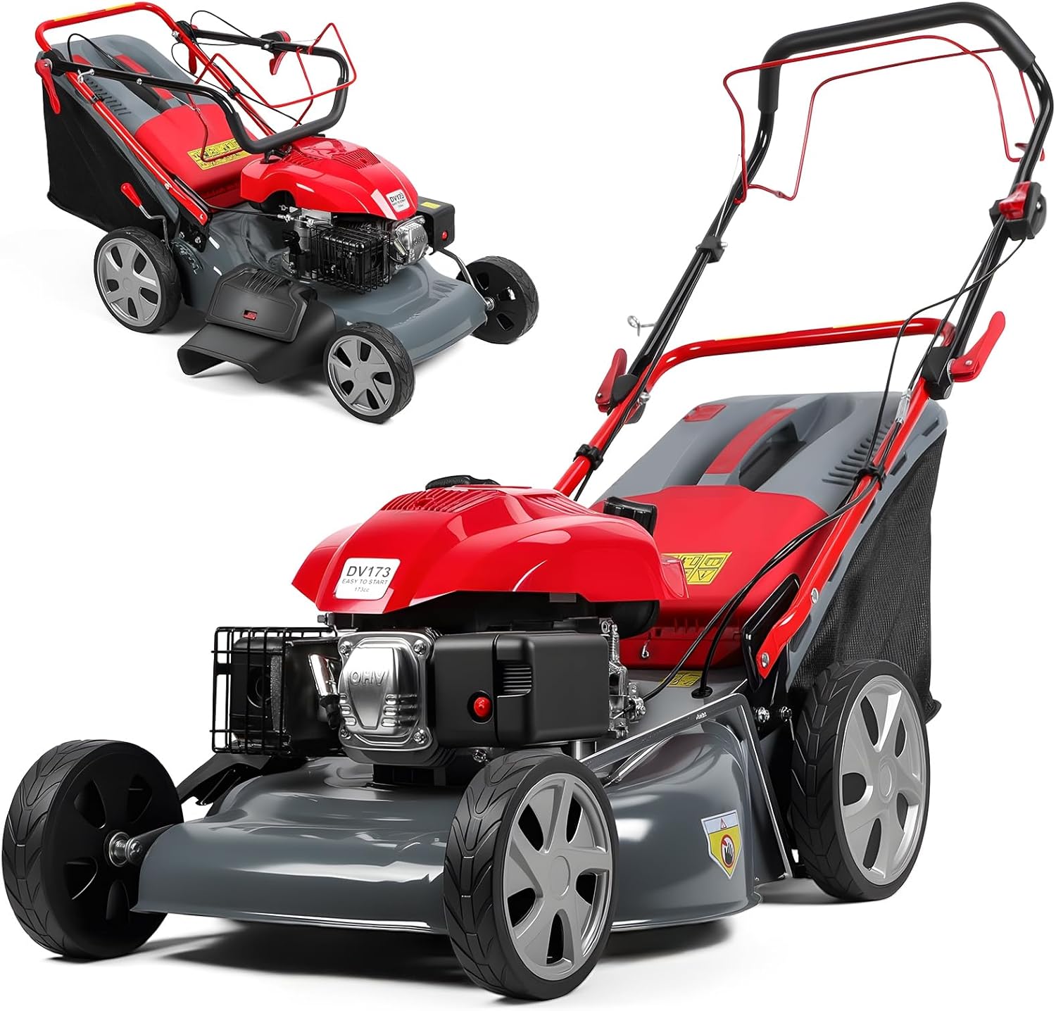 173cc Gas Lawn Mower, Self-Propelled Rear-Wheel Drive, 20 Inch Cutting Width, 60L Grass Bag, Adjustable Cutting Height 25-75mm, Heavy-Duty Blade for Thick Grass & Slopes, Ergonomic Handle Red