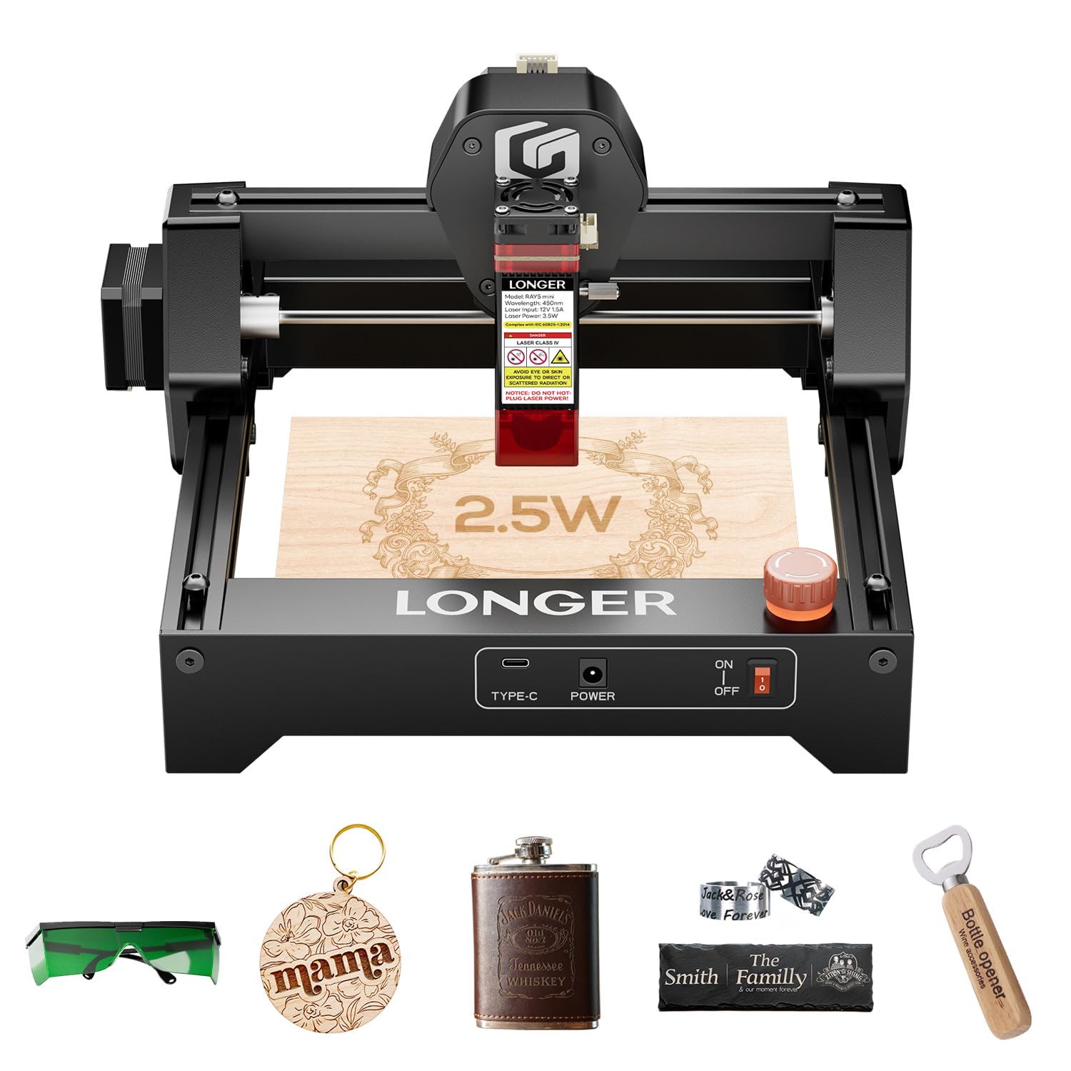 LONGER RAY5 Mini 2.5 W Laser Engraving Machine with - WiFi, Emergency Stop, High-Speed Laser Engraving Machine,12000mm/min,- for Wood/Acrylic - 130 x 140 mm，Suitable for Beginners