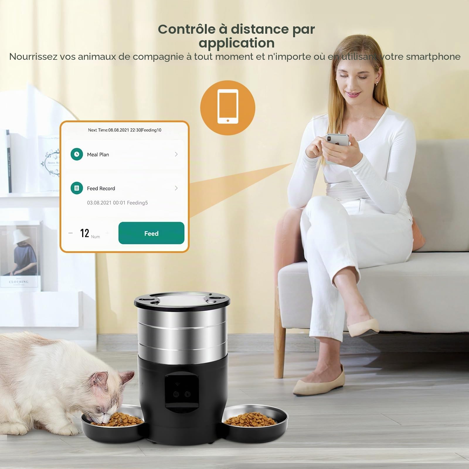 Distributeur Croquettes Chat Automatique Double,INOX Distributeur Croquettes Chien avec 2 Bols,Inoxydable Gamelle Electronique,par Jour Alimentation Personnalisé Distributeur Automatique (APP)