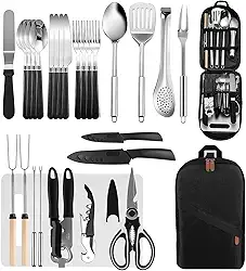 27 Peças Conjunto Portátil de Utensílios de Cozinha, Kit Churrasco com Tabua, Jogo de Churrasco, Jogo de Talheres