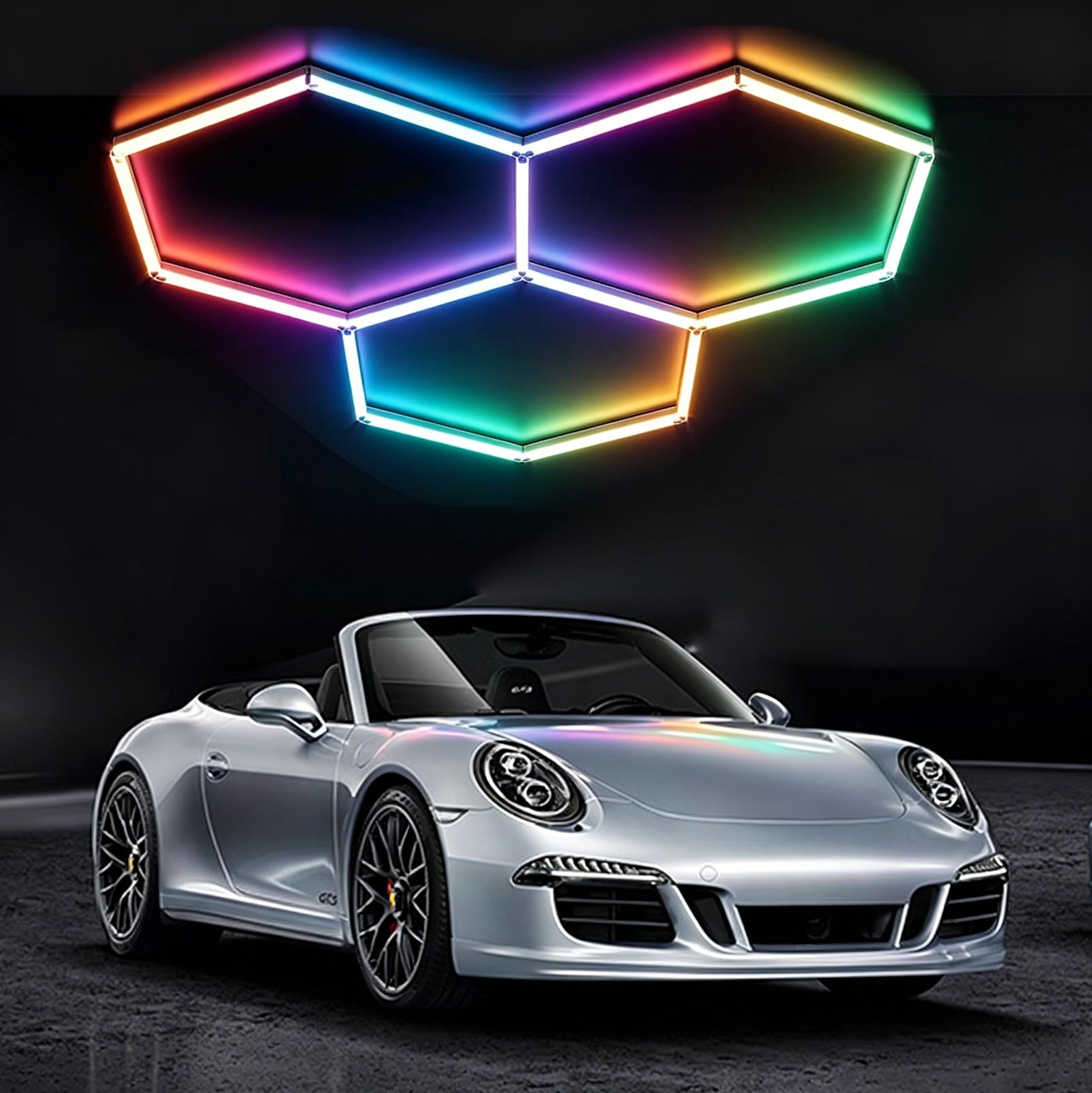 LIROPAU Luminaire de Garage à LED en nid d'abeille 3-Hex 45W RGB | Plafonnier LED hexagonal pour garage, Intensité Variable, App & Télécommande Contrôle Hexagon Garage Lumière (3 HEX)