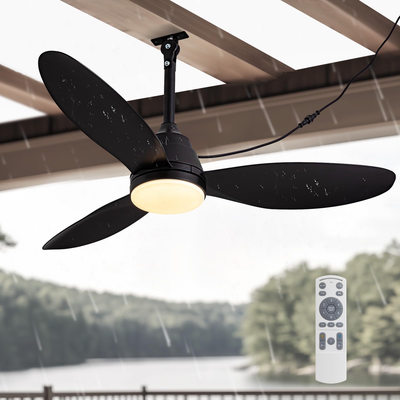 42 Inch Outdoor Ceiling Fans with Lights and Remote Control, Black, Plug in Wet Rated Modern Hanging Fans for Patio, Gazebos, Backyards, Waterproof, 3CCT, Dimmable
