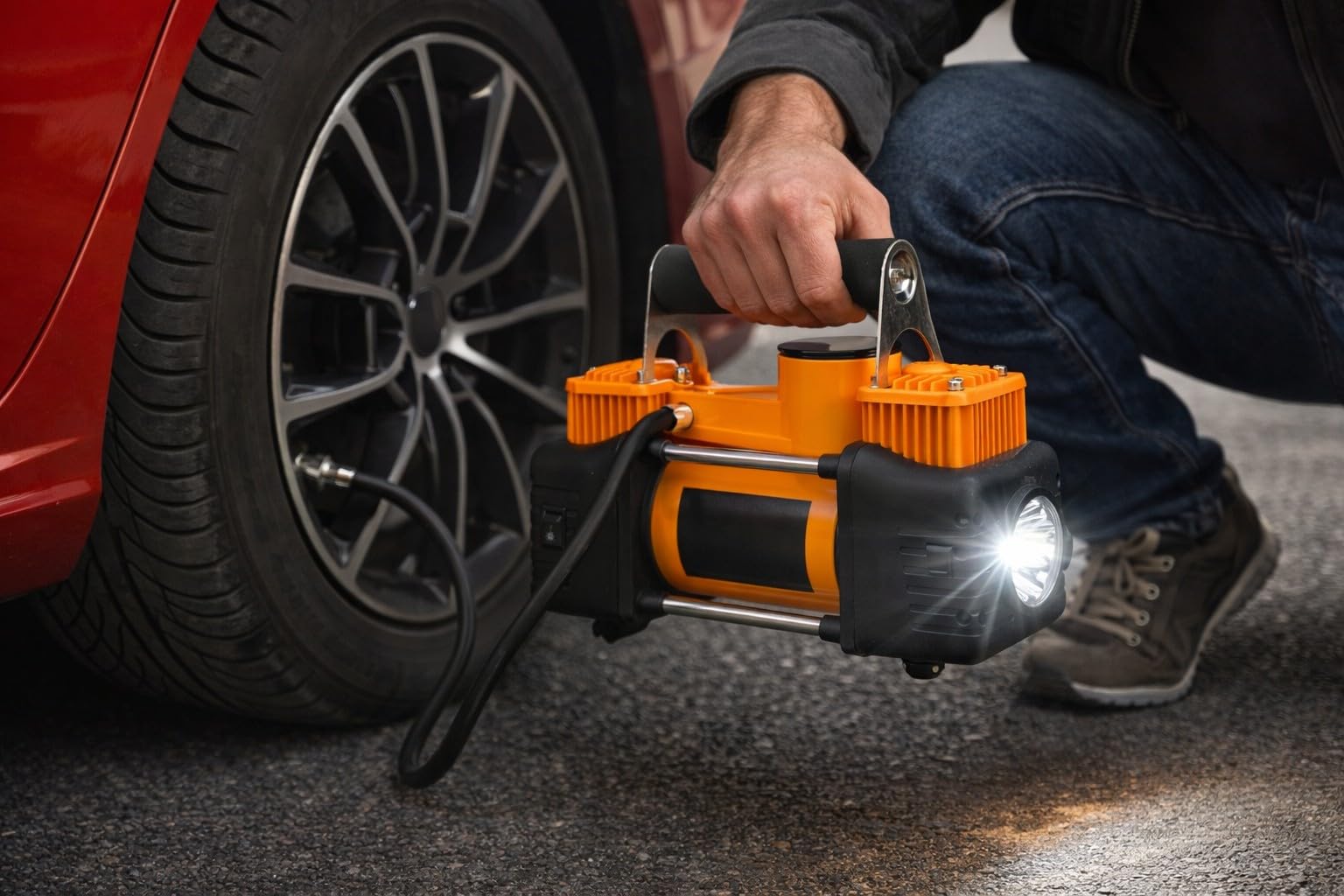 Mini Compressore Aria Portatile 12V 150 PSI Doppio Cilindro con Manometro e Tubo d'Aria Gonfiatore Pneumatici Auto SUV Camper 40L/min con Morsetti Batteria e Accendisigari + Borsa