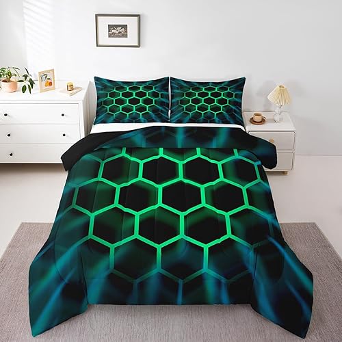 Miniatura 8 de Erosebridal Juego de ropa de cama color verde azulado degradado para niñas y mujeres, juego de edredón geométrico abstracto verde azulado y negro
