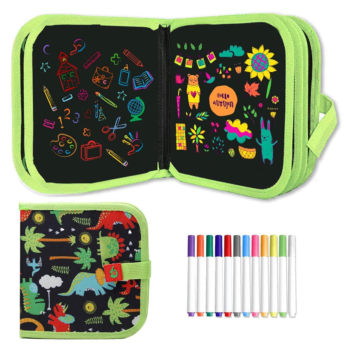 MAKINGTEC Erasable Drawing Board, 14 Sides Reusable Doodling Book with 12 Watercolor Pencils Magic Little Blackboard Preschool Travel Art Toys to Enhance Children's Creativity Drawing Set (Dinosaur)