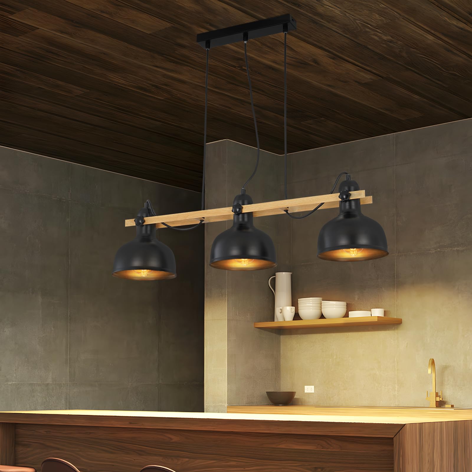 GBLY Hängelampe Vintage Pendelleuchte Holz Esstisch E27 Metall Hängeleuchte | 3 Flammig Holzbalken mit Schwarz Lampenschirm Retro Esszimmerlampe Industrial Esstischlampe für Küche Esszimmer