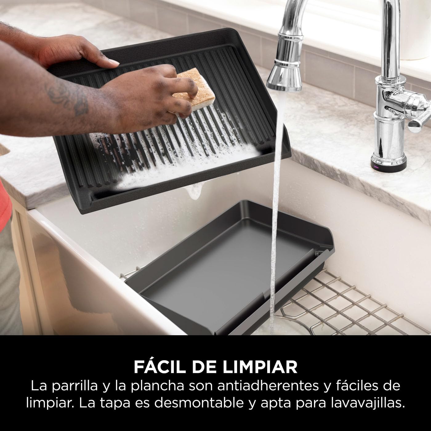 Ninja Sizzle Parrilla y Plancha de Interior Eléctrica, Gris, GR101EU | Dos Placas Intercambiables Antiadherentes, Aptas para Lavavajillas, Bandeja para Grasa, Control de Temperatura y Recetas