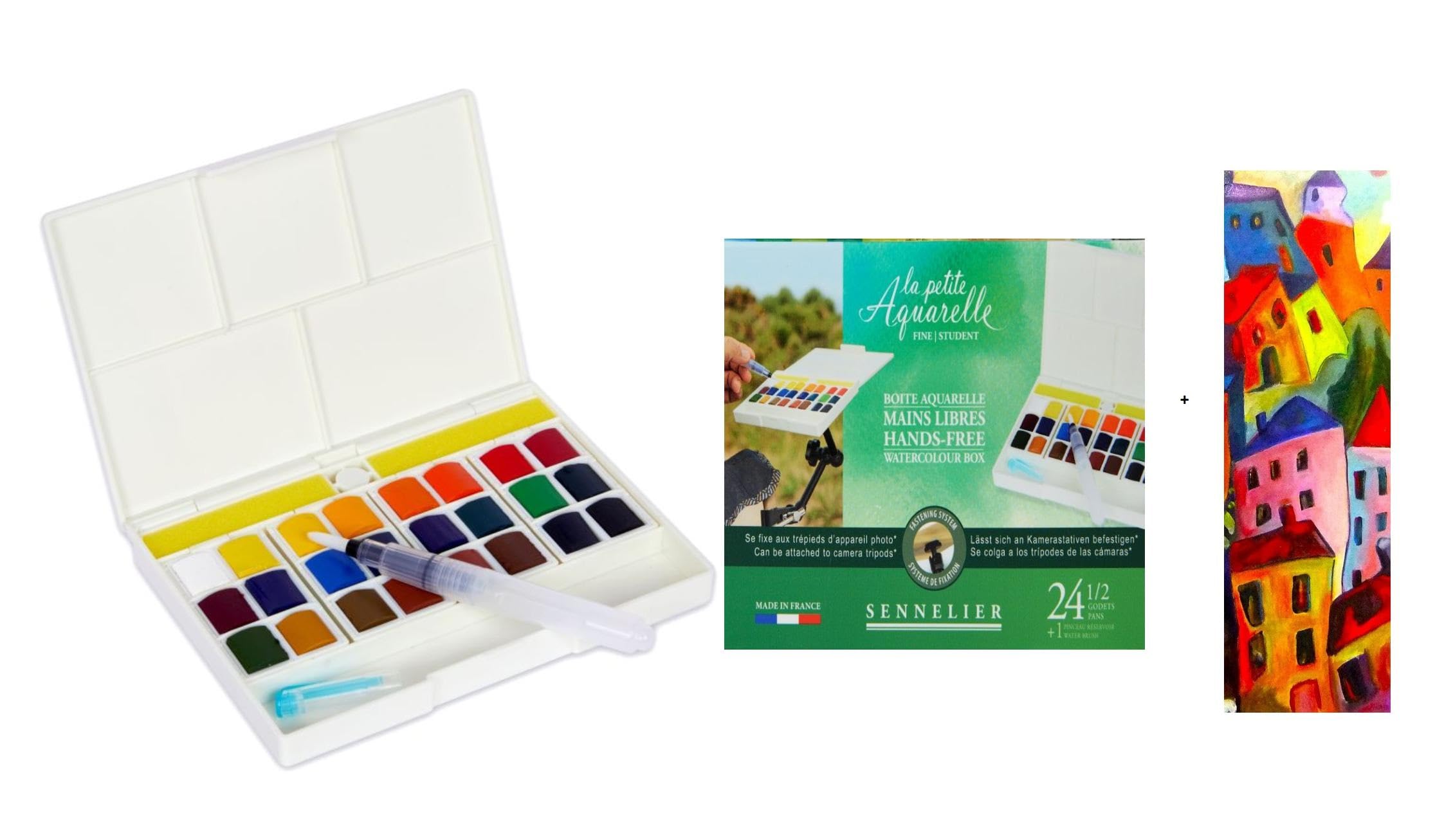 Sennelier Cajas Acuarela Manos Libres 24 Medio Cubo + 1 Pincel y 1 Tarjeta