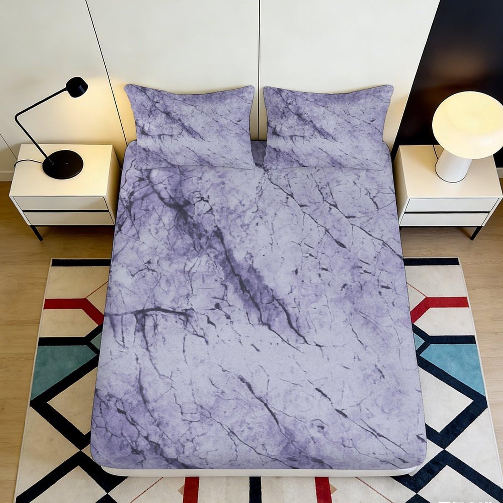 3D Printed Marble Texture Fitted Sheet Microfiber Soft Purple Stone Pattern Mattress Cover for Bedroom Dorm Decor 90x200x25cm