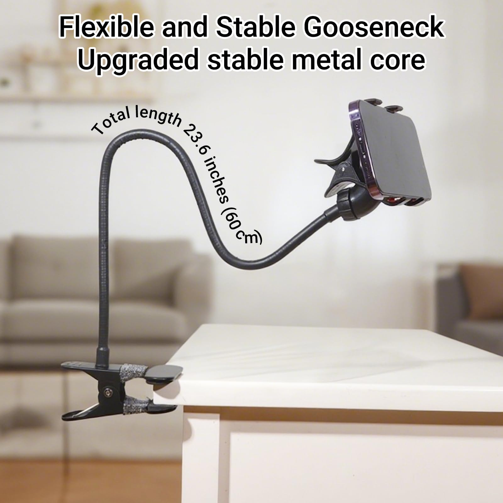 Kuryai Gooseneck Bed Phone Holder, Flexible Long Arm Clip On Phone Holder for Bed, Desk, Headboard, Bedside, 360 Adjustable Cell Phone Clamp Mount Stand, All 4-7" Cellphone