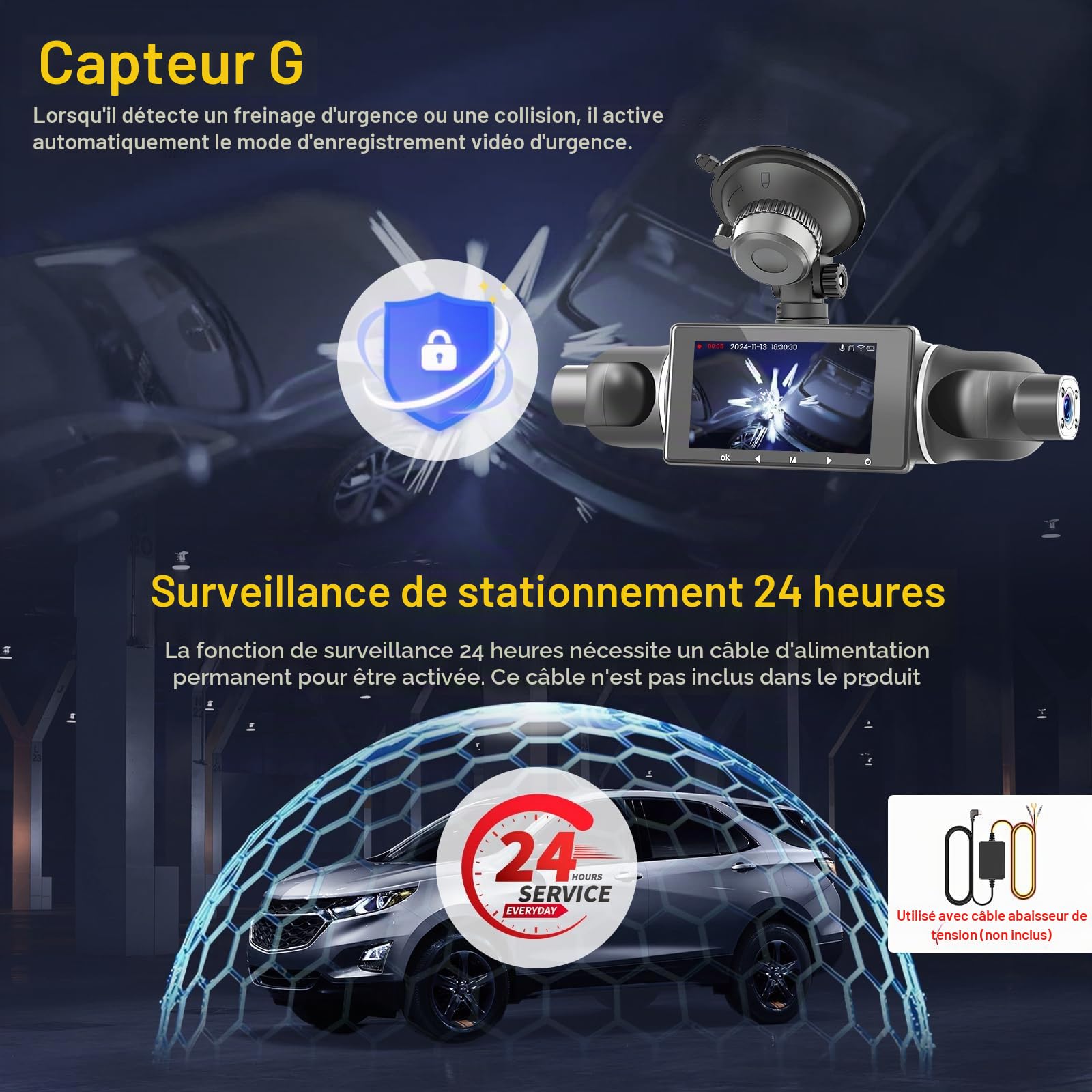 Hikity 3" 1080P WiFi Dashcam 4 Dashcam avec DVR G-Capteur Carte TF 64G