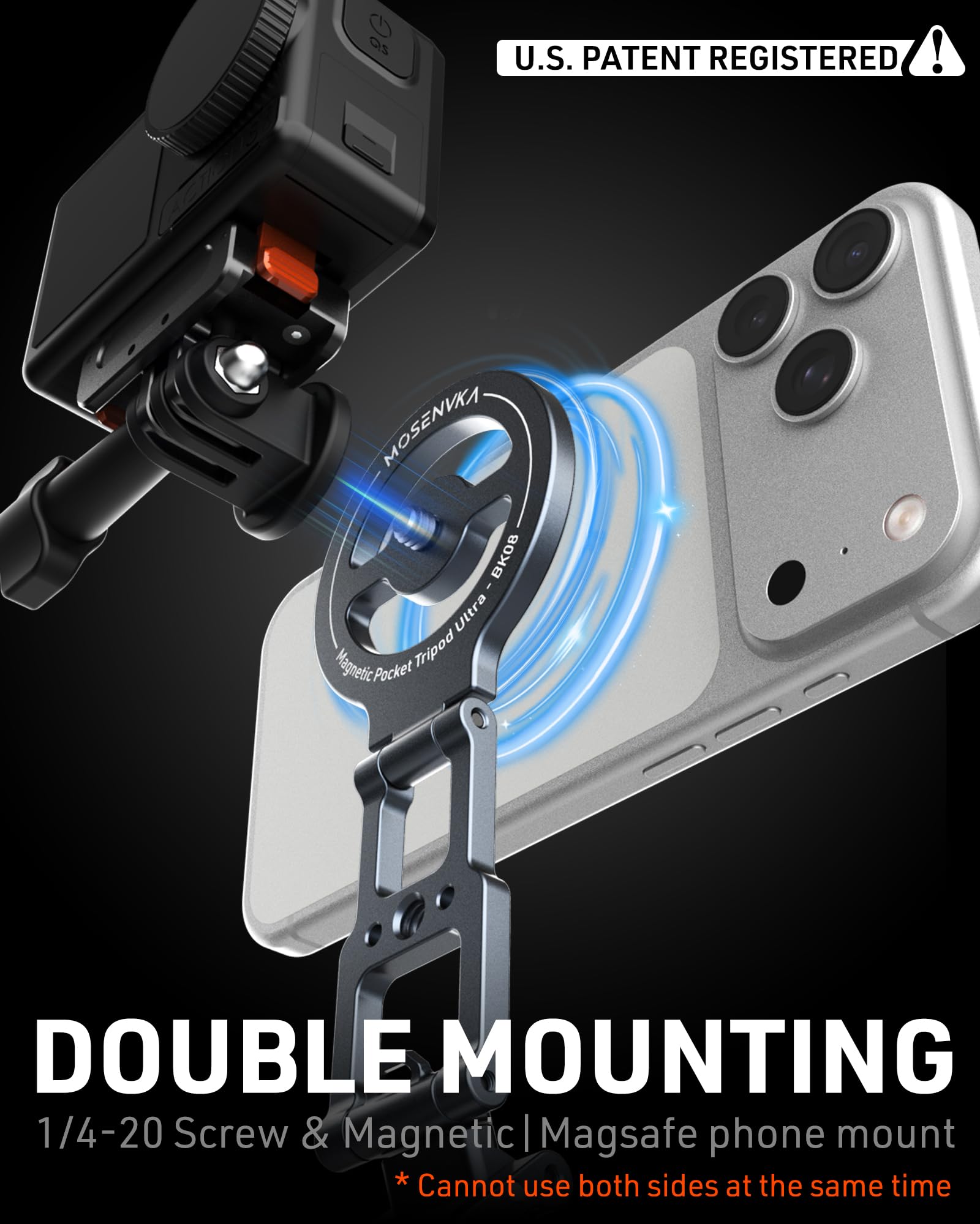MOSENVKA Dual-Magnetstativ für MagSafe | 2-in-1-Action-Kamera-Halterung (Arca-Swiss, 6,35 mm Schraube/Haken) | Faltbarer Schreibtischständer für iPhone 17–12, DJI Osmo Pocket 4/3, für GoPro 13/12 |