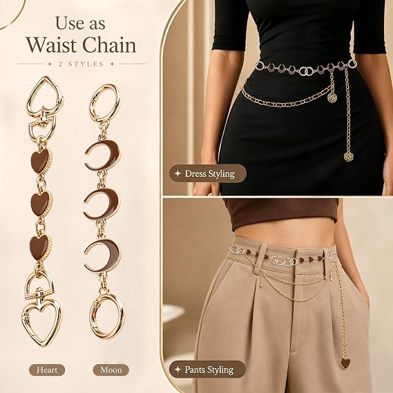 WANDIC Straps Bag Chain Set, 2Pcs Metal Extender Bag Accessorie Chain with Heart Crescent Moon Pattern Golden Metal Replacement Chain for Purse Bag Handbag,Brown