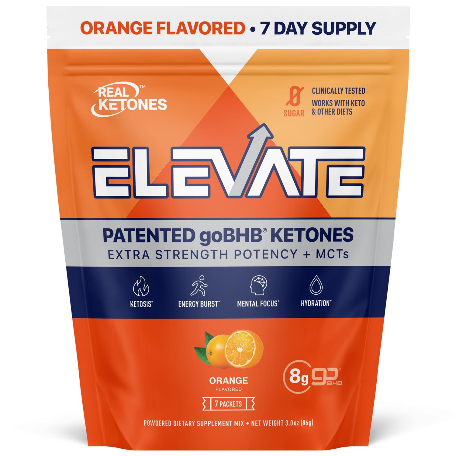 Real Ketones MCT & BHB Exogenous Ketones Drink Mix Packets Elevate Keto Electrolytes Powder Packets No Sugar with 4 Main Electrolytes Plus Hydrating Proprietary Keto BHB - 7-Pack Orange Orange Blast 12.3 Ounce (Pack of 1)