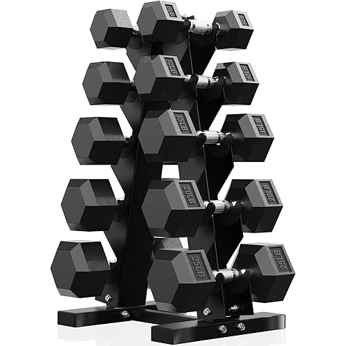 PAPABABE Hex Dumbbell Sets with Rack, 60-550lb Rubber Coated Dumbbell Weight Set and Storage Rack, Multiple Options Hand Weights for Strength Training