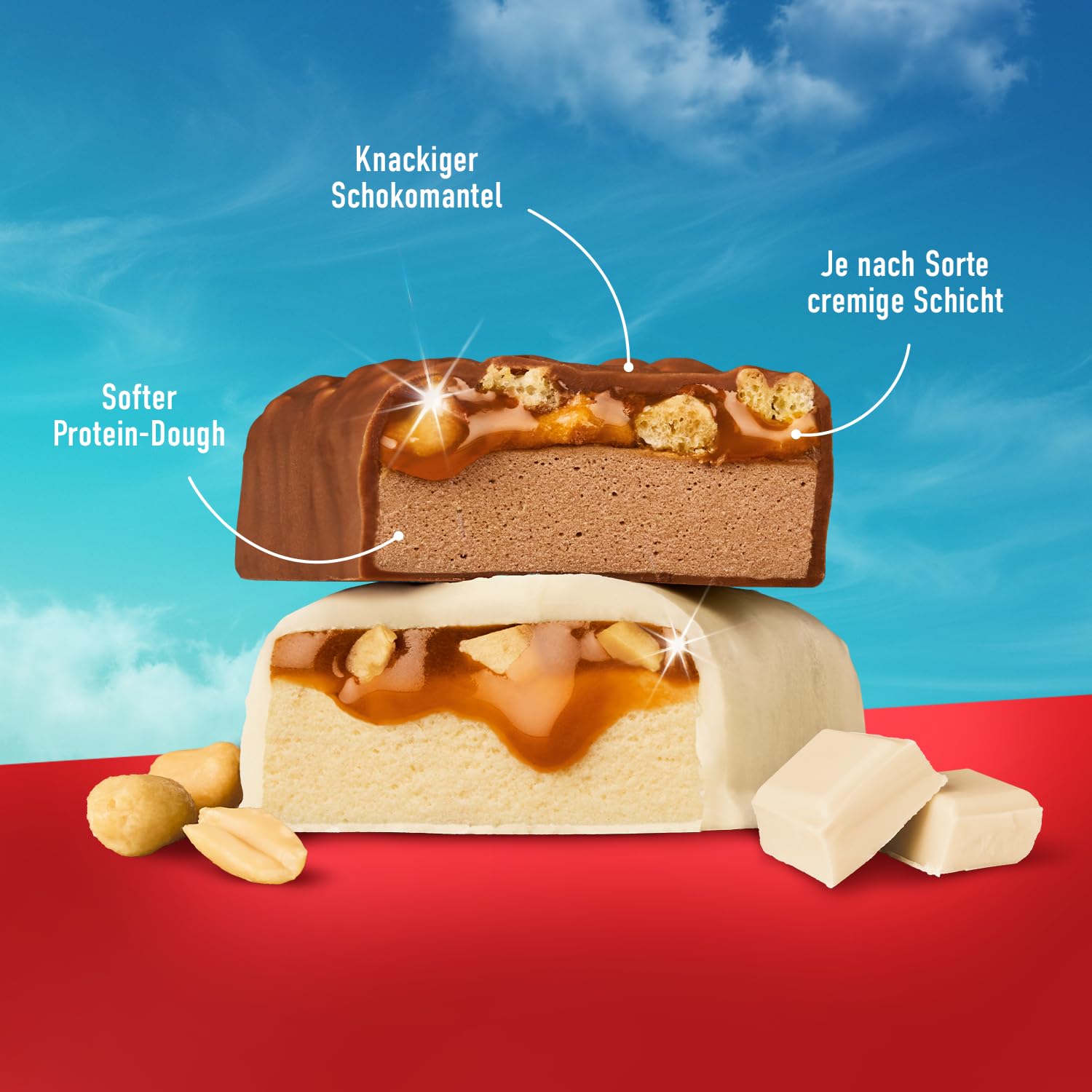 MORE Protein Bar, 10er Box, White Chocolate Peanut Caramel, Protein Riegel ohne Zuckerzusatz (Design kann variieren)