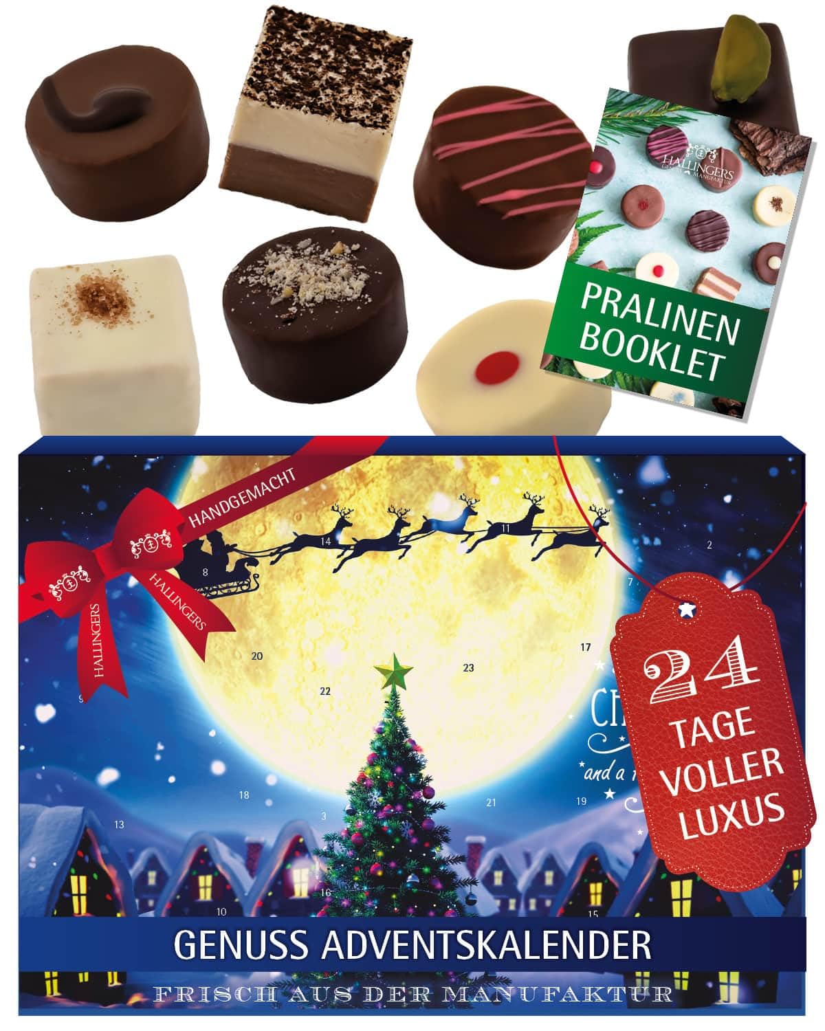Hallingers Genuss Manufaktur Pralinen Adventskalender - ohne Alkohol, handmade aus Confiserie-Edelkakao in wertigem Softfeel-Karton 