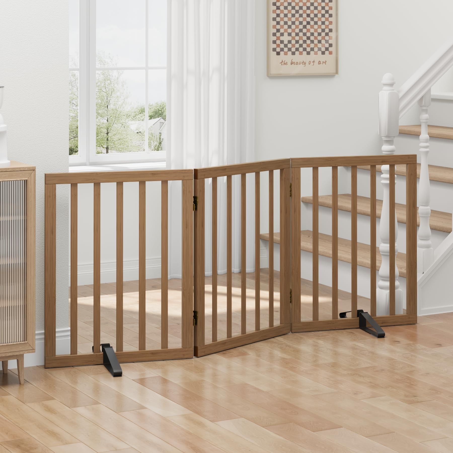 Hohe Hundegitter für Türen, faltbares Hundegitter für den Innenbereich, freistehende Haustiergitter für Türen, Schlafzimmer, Welpengitter mit Metallstützfüßen, Raumteiler, 3 Paneele (dunkles Walnuss)
