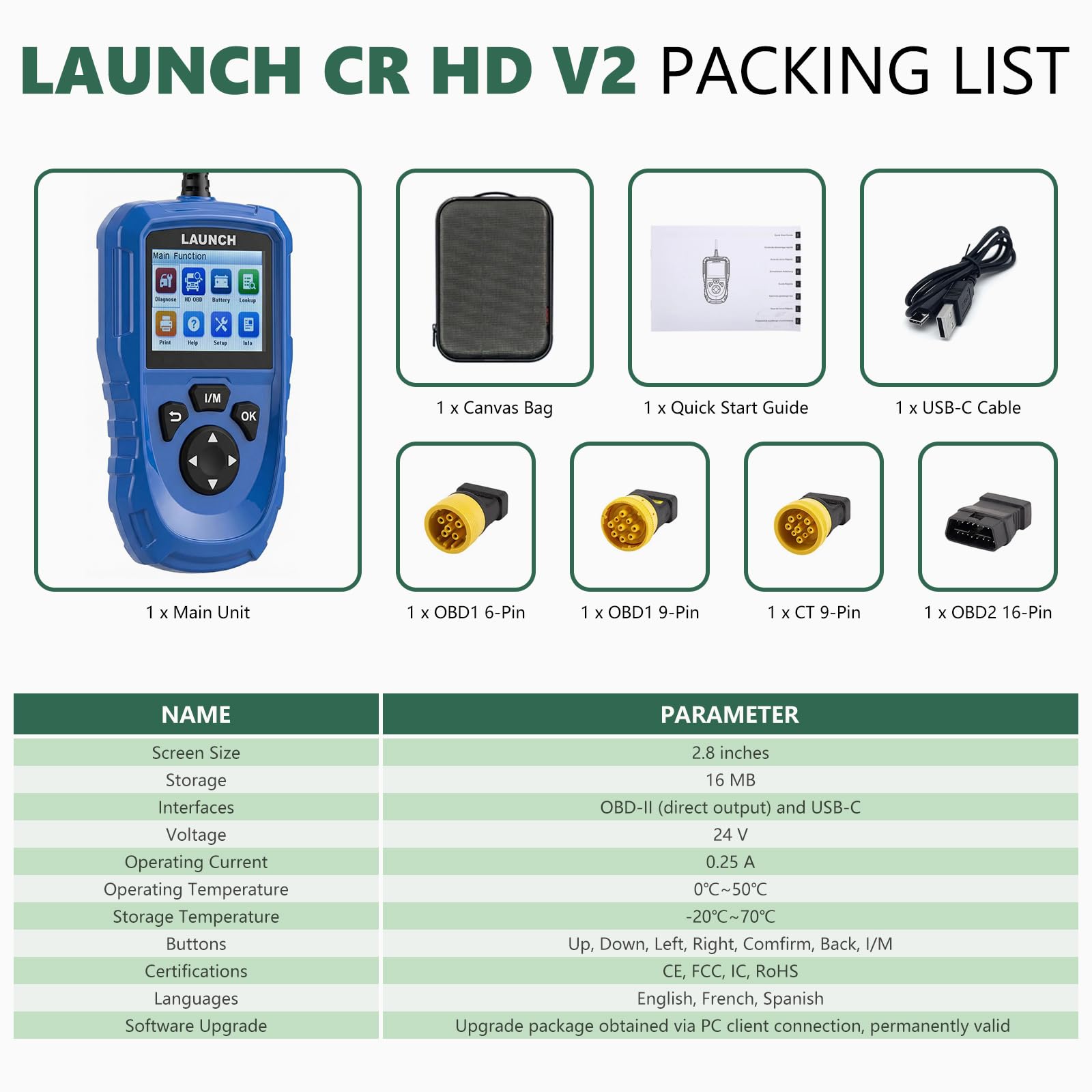 LAUNCH Creader HD V2 LKW Diagnosegerät, 2-in-1 HDOBD OBD-II Scanner, Für Freightliner Volvo Cummins Caterpillar