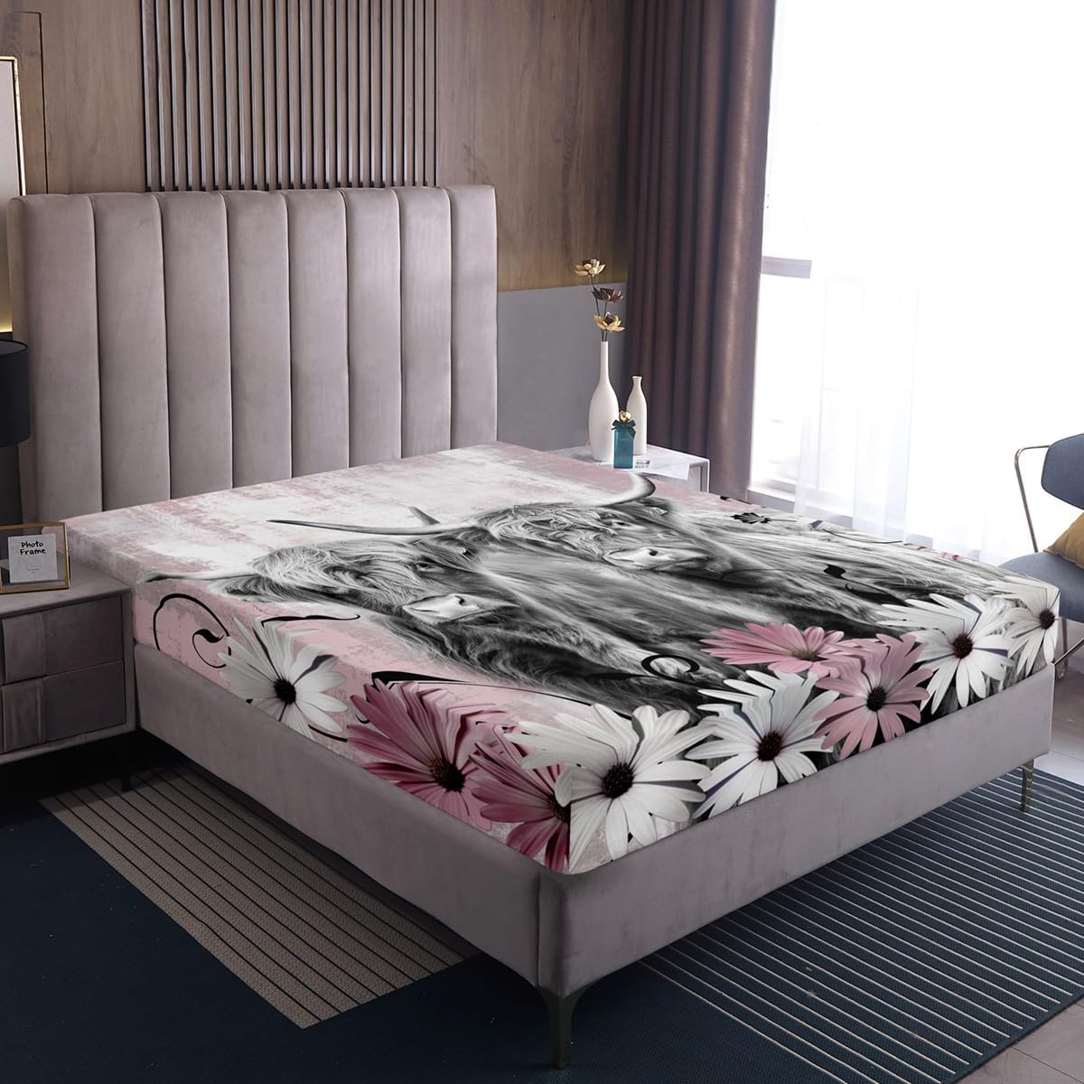 Highland Cow Bed Sheets Western Farmhouse Decor Full, Longhorn Bull Cattle Fitted Sheet Wild Animal Bedding Set, Daisy Rustic Flowers Room Decor, Pink Oil Painting Sheets Cowboys Gifts for Women