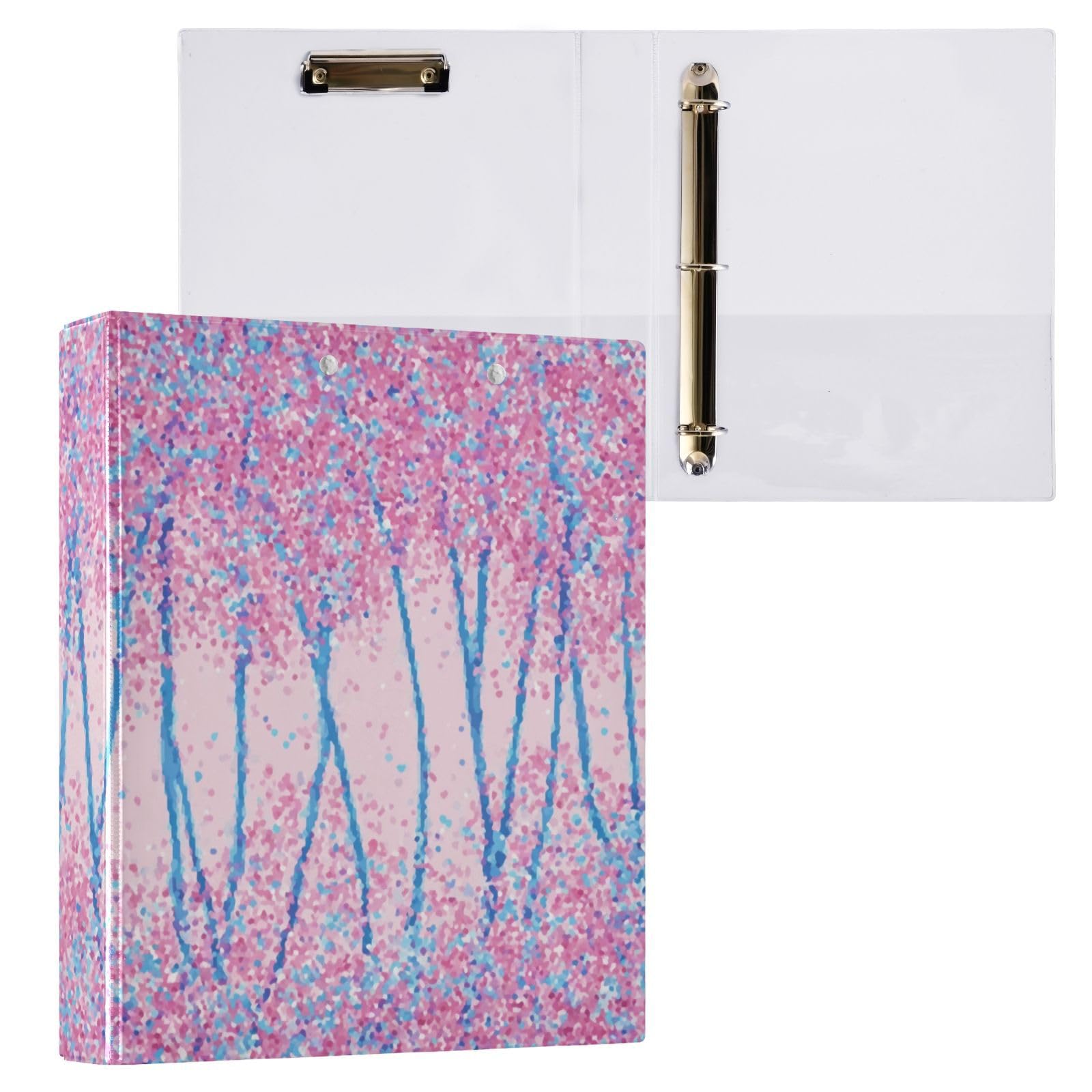 Kcldeci Raccoglitore a 3 anelli con copertina rigida, foresta di fiori di ciliegio, anelli rotondi da 3,8 cm, con tasche interne, per scuola, ufficio, ricette, raccoglitori, confezione da 2