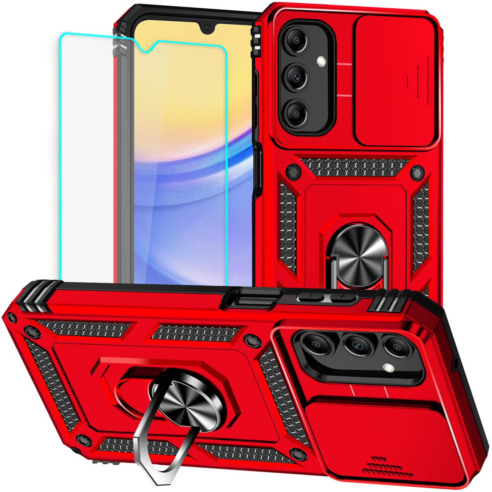 for Galaxy A15 5G Phone Case, Samsung A15 5G Case with Screen Protector: [Military Grade 20ft. Drop Tested] Ring Shockproof Protective Phone Case for -Samsung Galaxy A15 5G (Red)