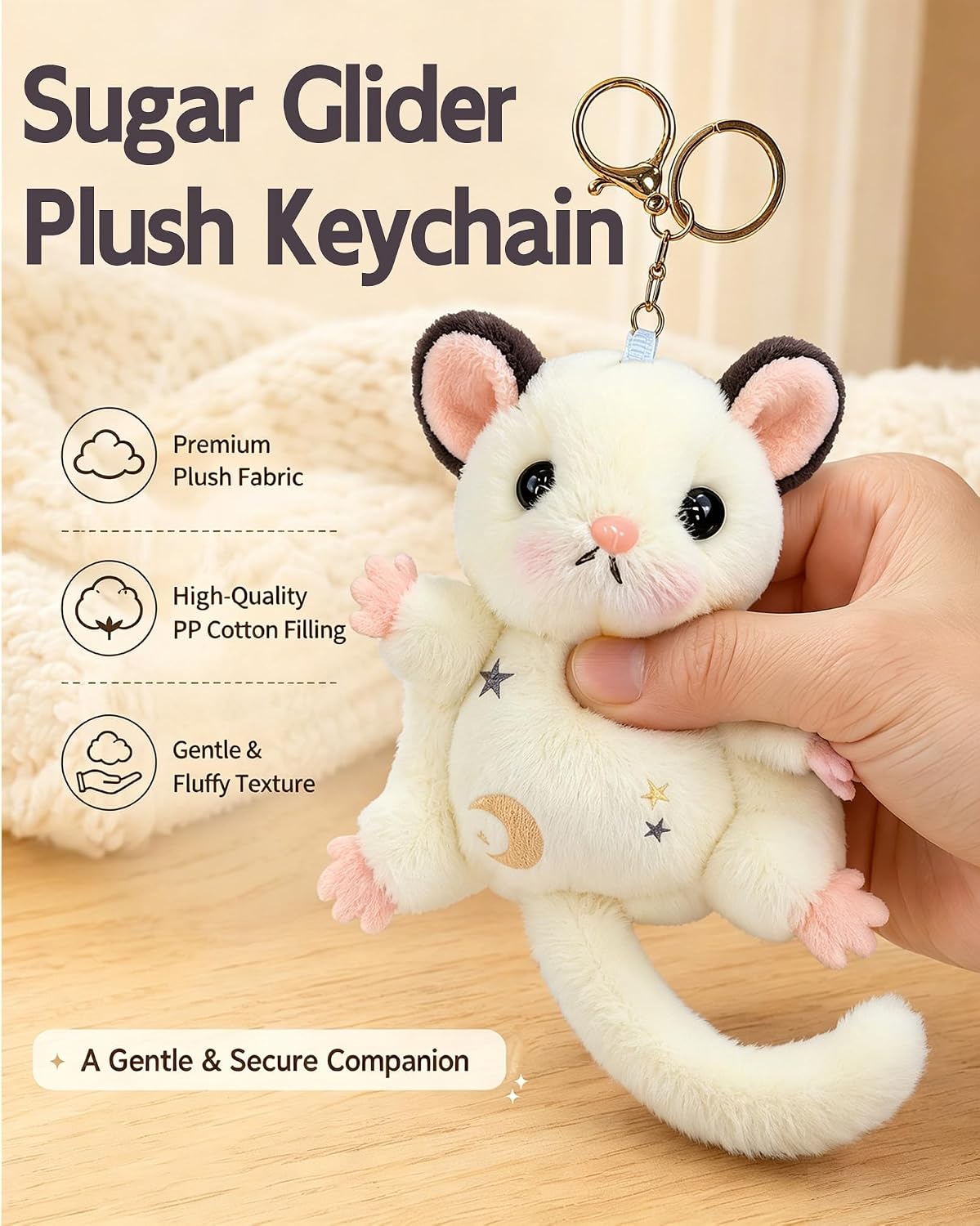 Sugar Glider Plush Keychain, Mini Animal Keychain for Keys, Bag Pendant image 2