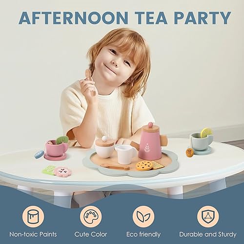 Miniatura 3 de Juego de té de madera para niñas pequeñas, juego de fiesta de té, juego de madera accesorios de cocina, juguetes para 1, 2, 3 años, 21 unidades