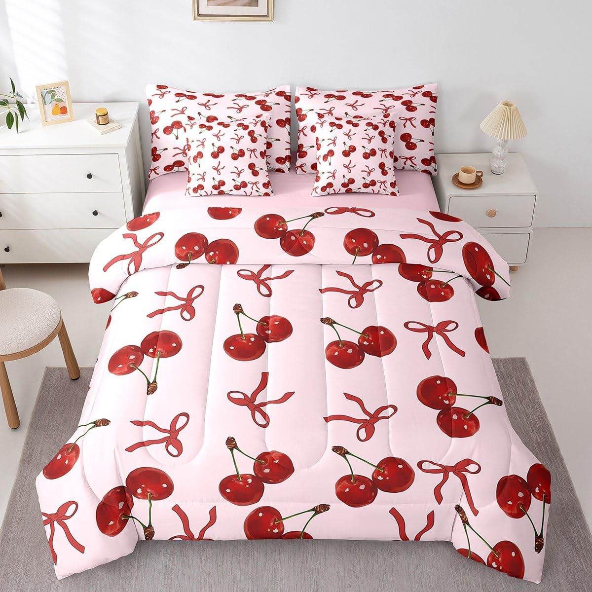 Feelyou Girls Pink Cherry Bow 7 Piece Bedding Set Queen Size Cute Silk Ribbon Bowknot Bed in a Bag Princess Girly Bow Tie Comforter Set with Sheets Soft Microfiber