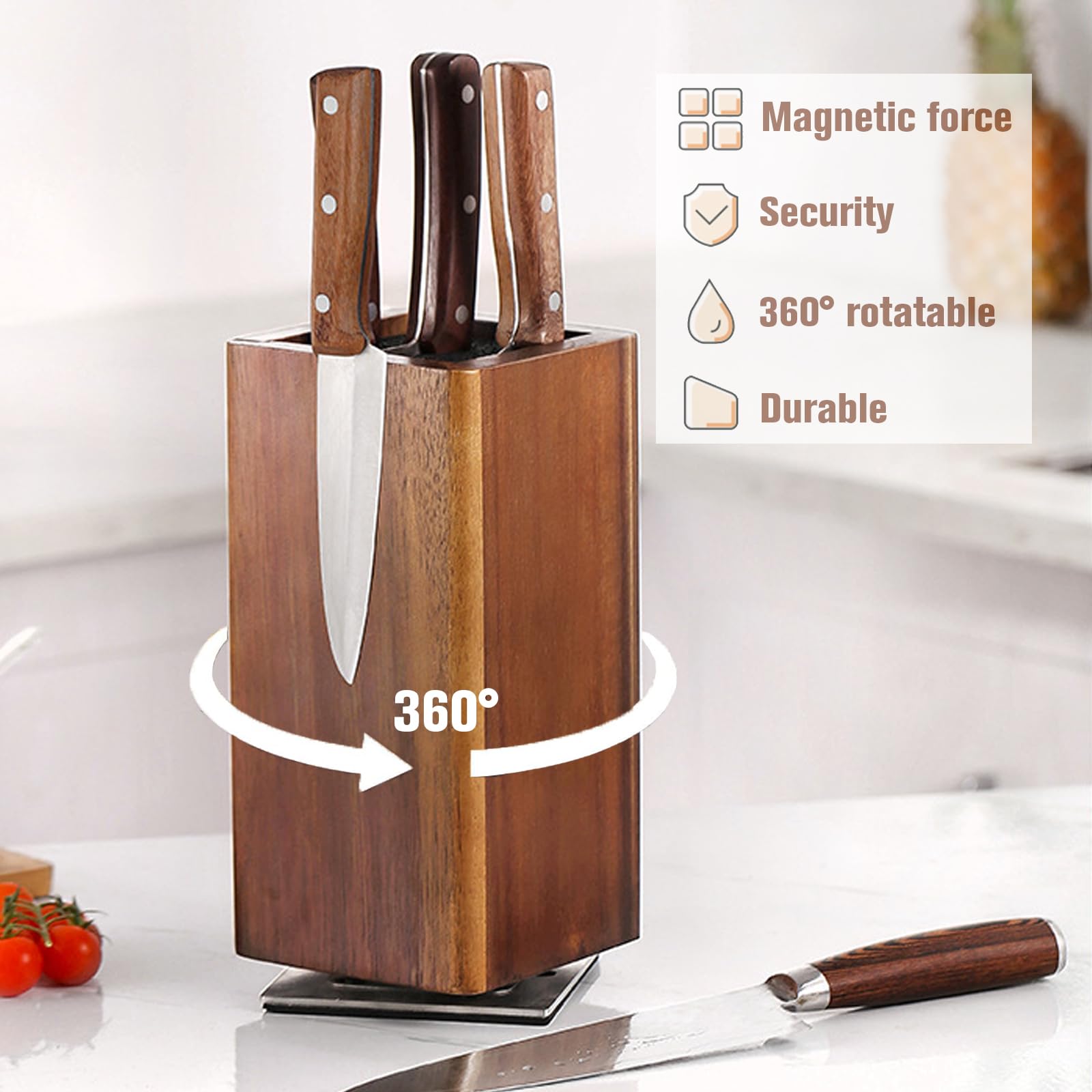 Magnetic Knife Block without Knives 360°Rotatable Magnetic Knife Holder Made of Fine Acacia Wood, Magnetic Rotary Wood Knife Holder Extra Large Capacity Knife Storage for Knives for Kitchen (Brown)