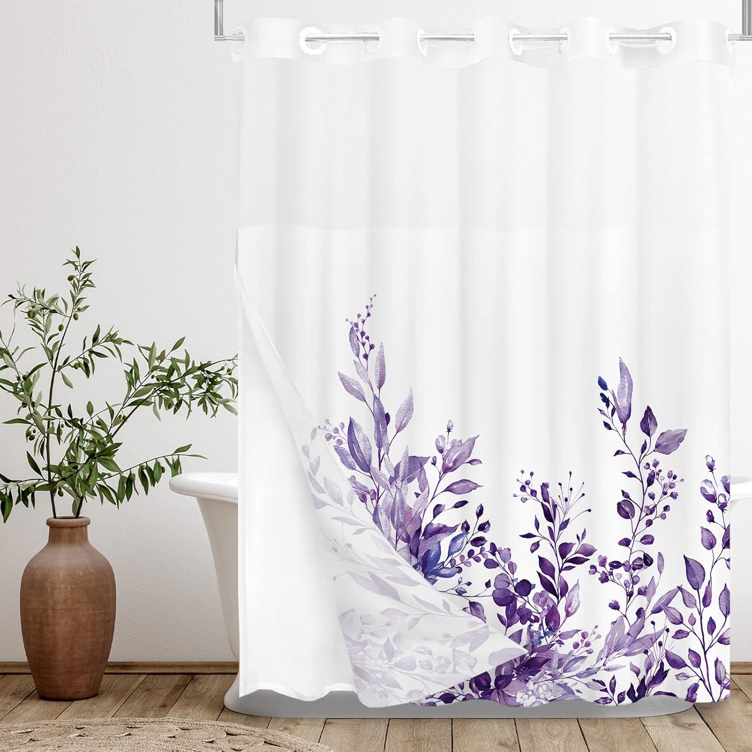 Tititex No Hooks Snap in Liner Purple Eucalyptus Leaves Shower Curtain Sets, Hotel Luxury Double Layers Waterproof Fabric & See-Through Top Window Bathroom Decorative 72x72 Inch