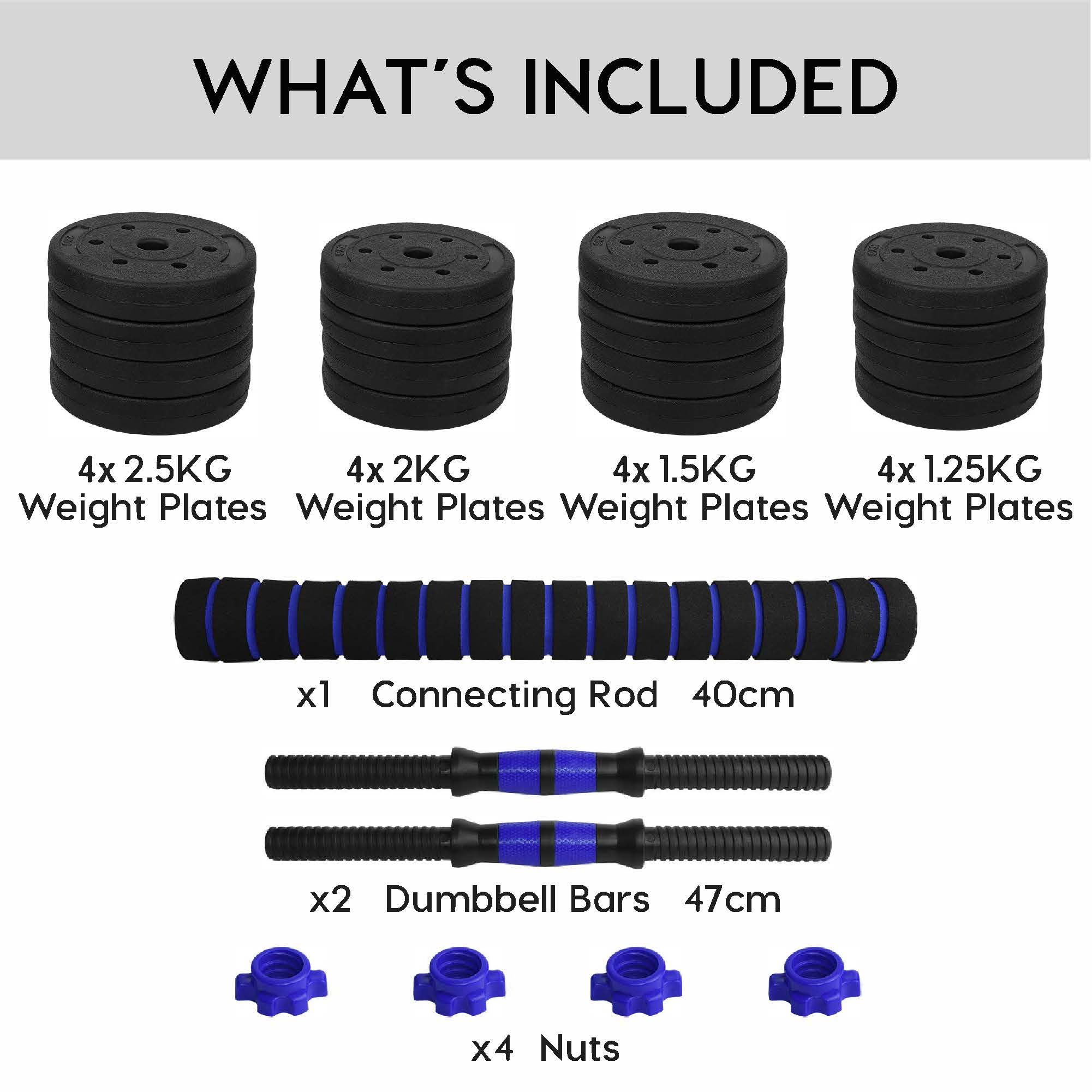 wuuhoo® Dumbbell Set Berti - Halterset van 2 Dumbbells 30mm met Gewichten en Verlengstang, 10-30kg, Plastic Set met Ster Sluiting - Home Fitness Apparatuur 30kg