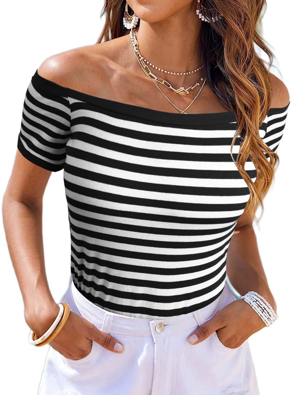 Womens Off The Shoulder Tops Half Sleeve Boatneck Bodycon Plain Shirt