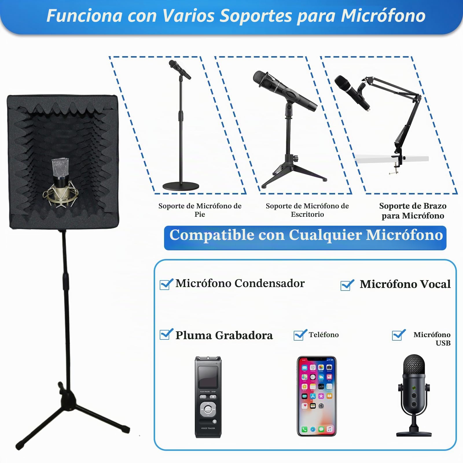 TroyStudio - Cabina vocal portátil, escudo de aislamiento de micrófono plegable grande, sonido de estudio de grabación de música, filtro de reflexión, soporte con espuma acústica densa espesada