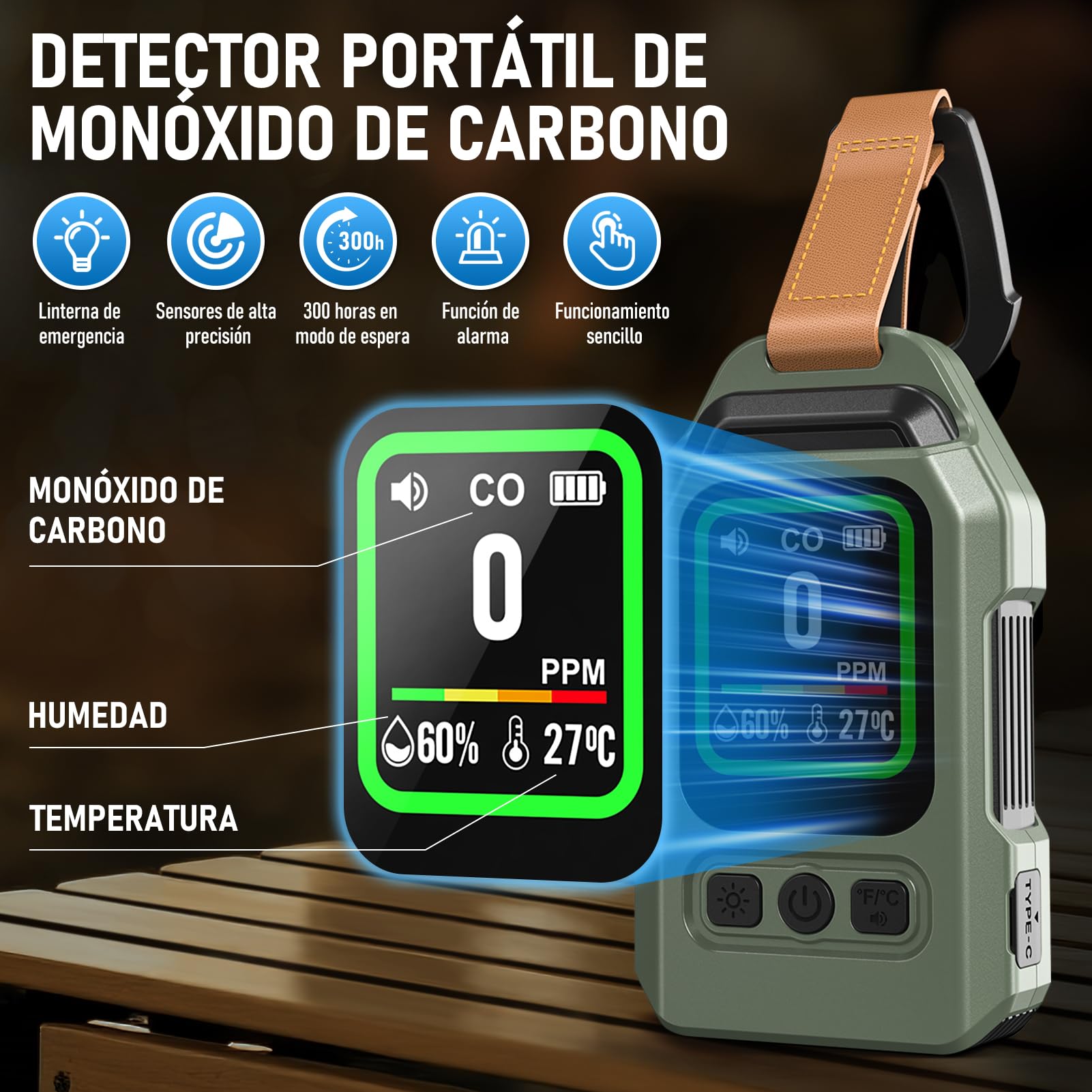 Detector de Monóxido de Carbono Portátil, 300 Horas de Autonomía, Medidor de Temperatura y Humedad, con función de Alarma y Linterna de Emergencia, Ideal para acampadas, Viajes, Coches y cocinas.