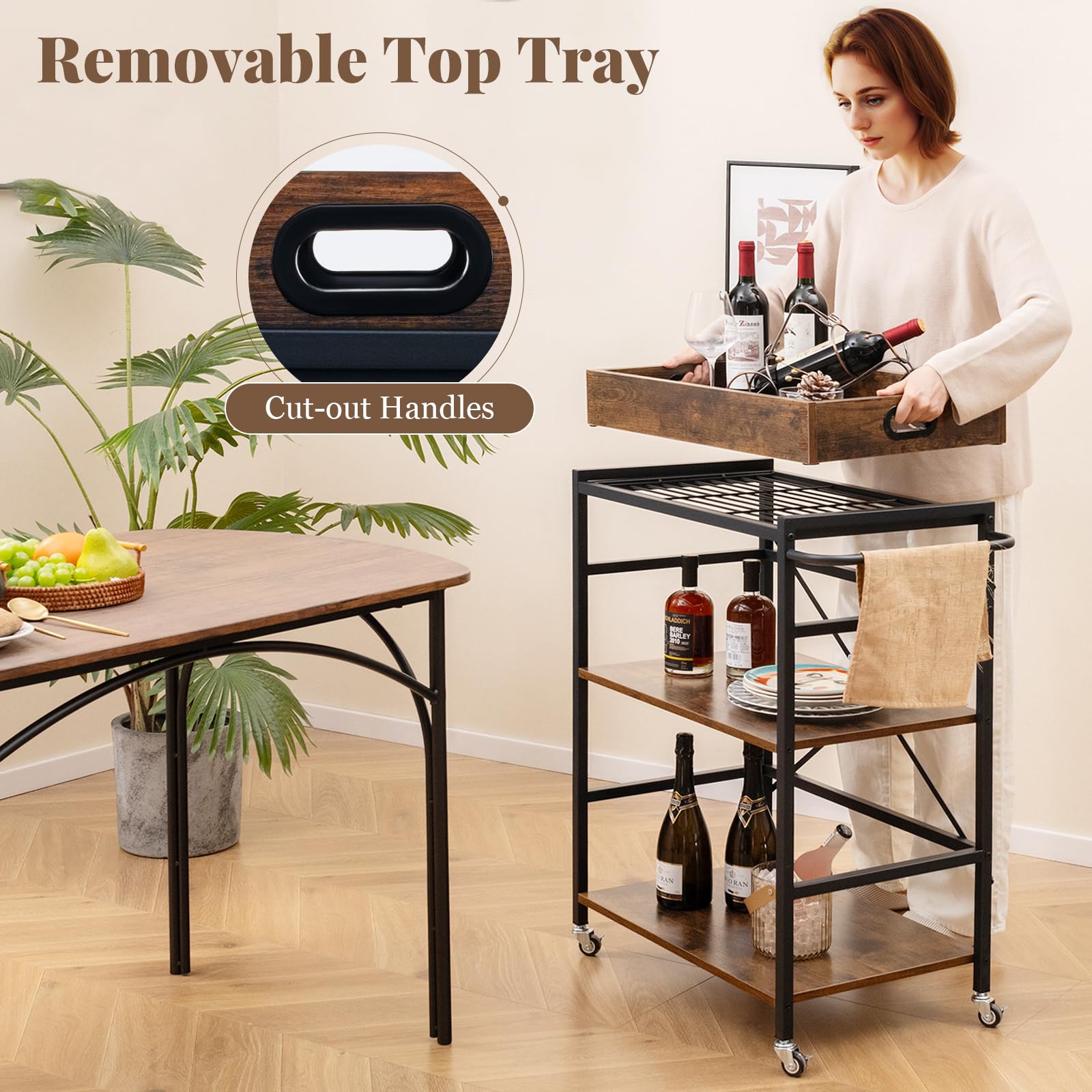 GIANTEX Carrello da cucina con vassoio estraibile e 4 ruote, carrello di servizio a 3 livelli con telaio in metallo, 73 x 40 x 94 cm, stile industriale, carrello ausiliario per cucina, sala da pranzo,