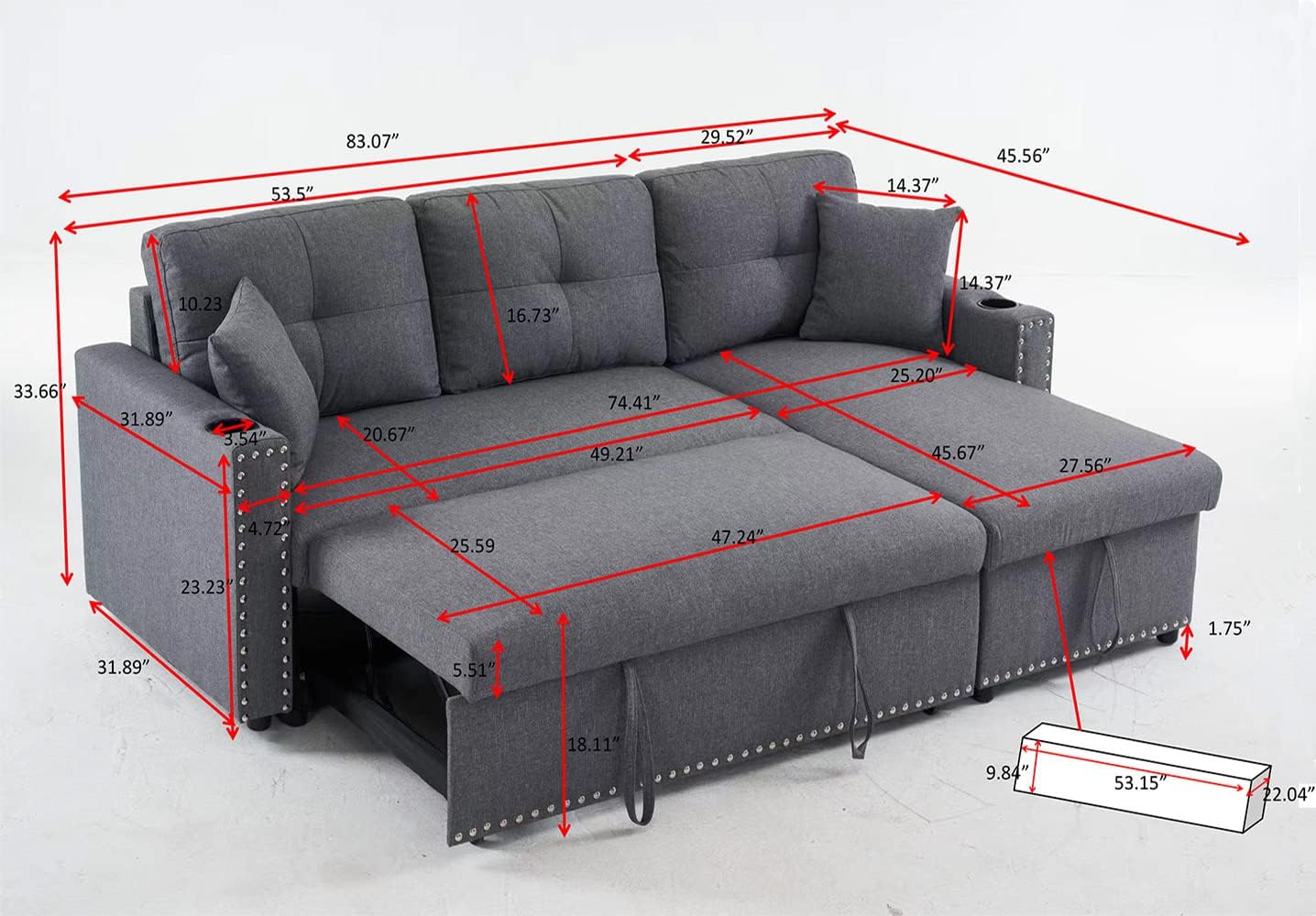 Loveseat Sofa Bed with Storage Chaise Pull Out Couch Bed for Small Space Fabric Small Sofa Couch Convertible Sleeper Sectional Sofa for Bedroom, Apartment, Home Office(Dark Gray)