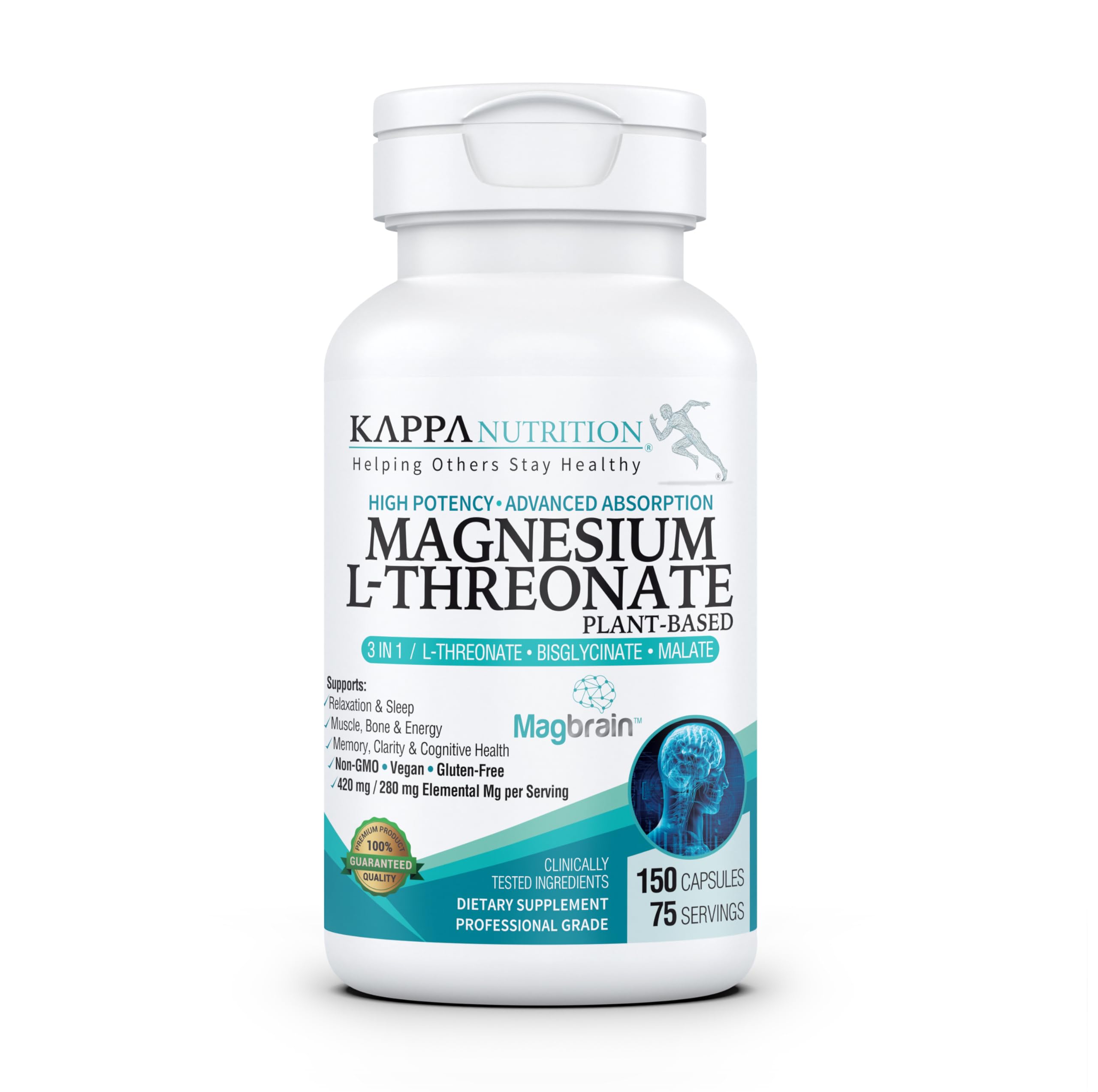 Kappa Nutrition Powered by Magbrain™ Magnesium L-Threonate Plant-Based, 150 Vegan Capsules, 420mg Elemental Magnesium (3 Capsules) from 2,253mg, Brain, Sleep & Muscle Support.