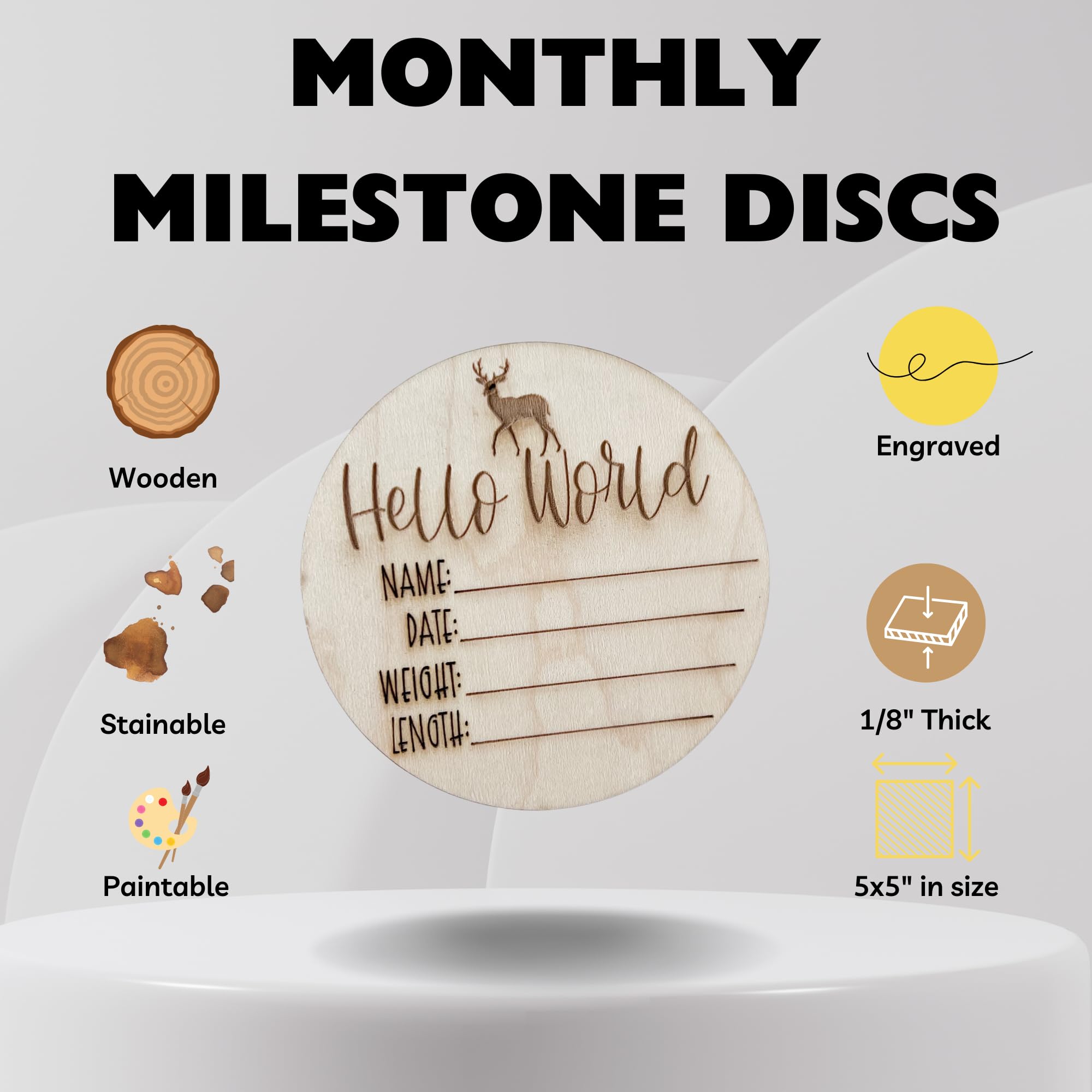 Personalized Wooden Baby Birth Announcement – Custom Engraved Newborn Plaque with Birth Stats – Gender-Neutral Keepsake for Nursery & Baby Photos – Unique Baby Shower Gift (Deer Hello World)