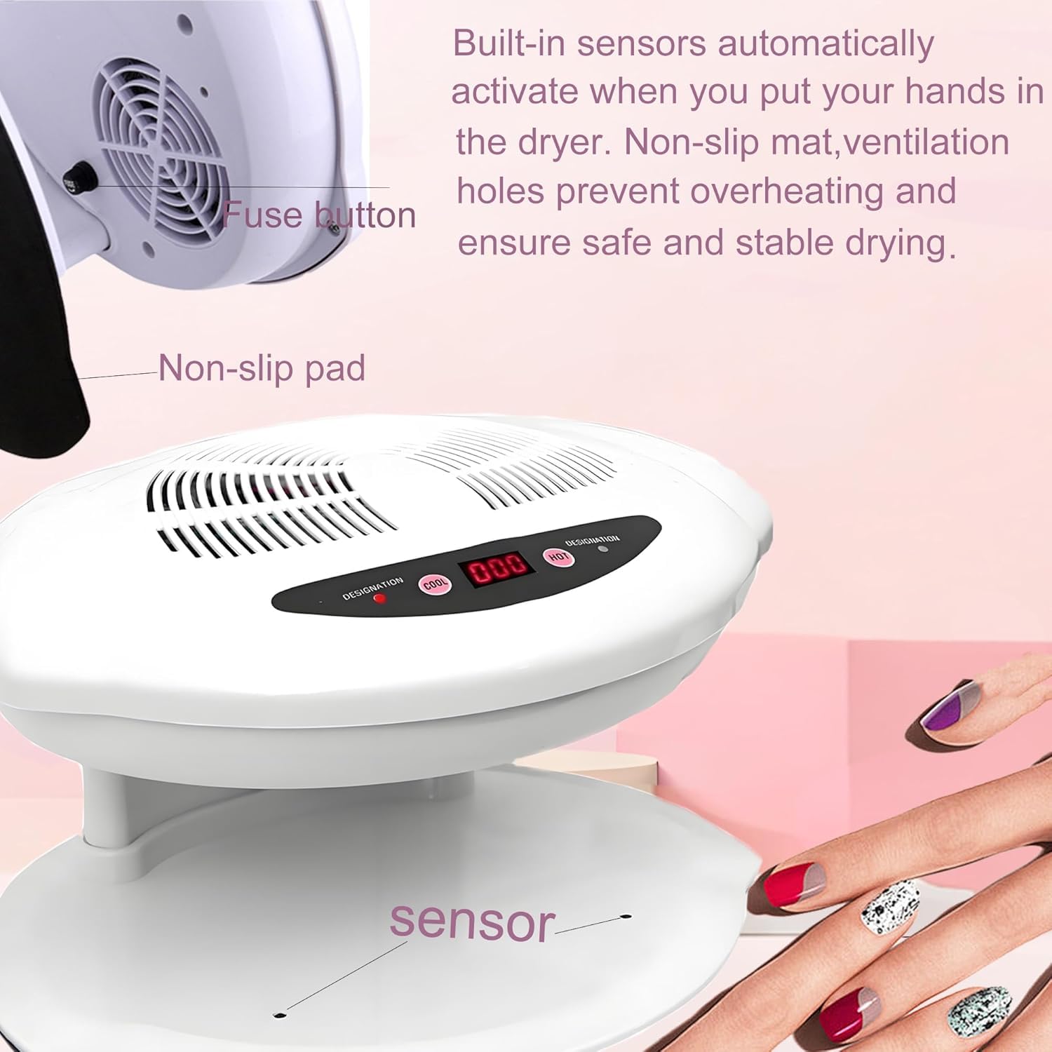 Essiccatore ad aria per smalto da 400 Watt, ventilatore per unghie, asciuga smalto per unghie, sensore automatico intelligente, aria calda e fredda, ventilatore per asciugare lo smalto per
